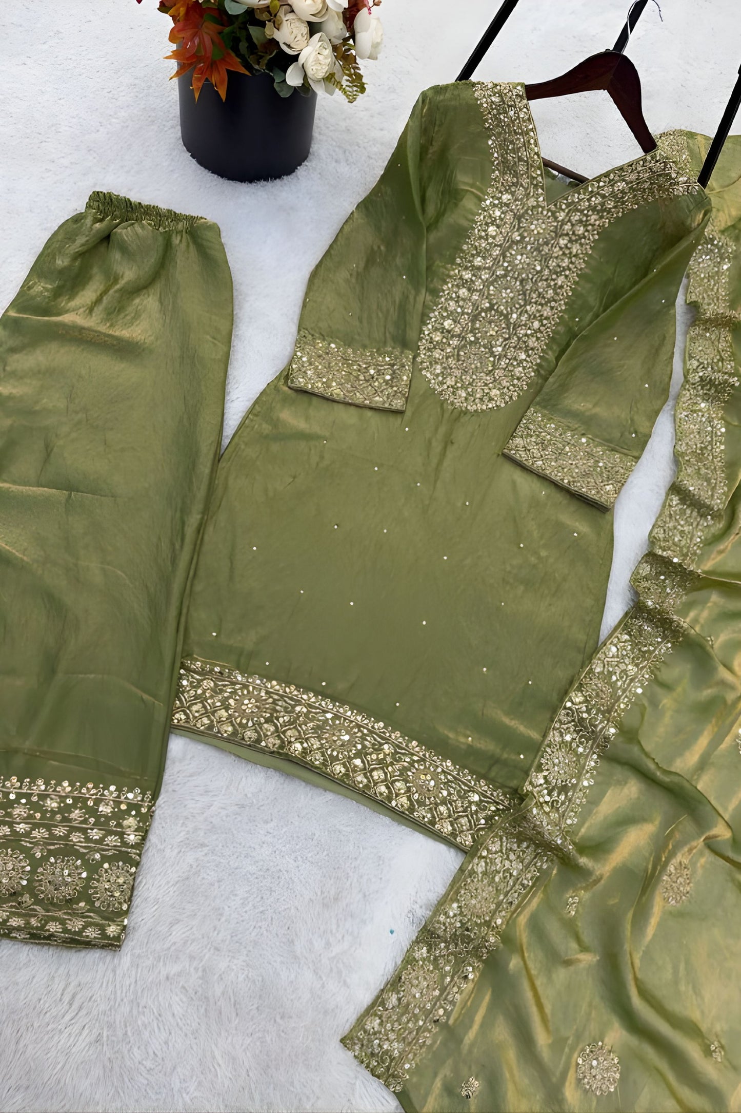 Vibrant Olive Green Pure Fendy Silk Heavy Embroidered Straight Salwar Suit Dupatta