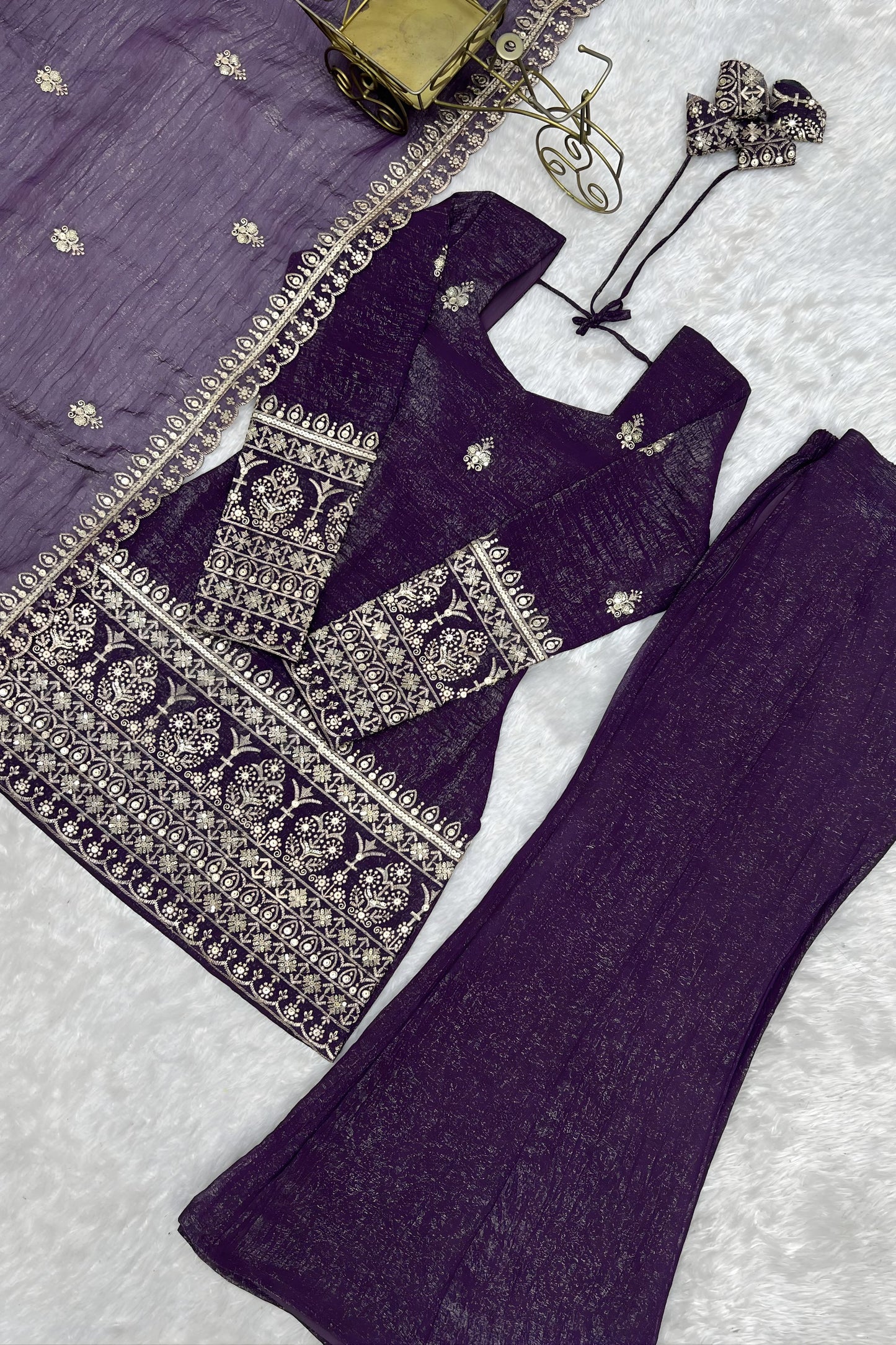 Royal Purple Heavy Embroidered Straight Palazzo Suit Dupatta