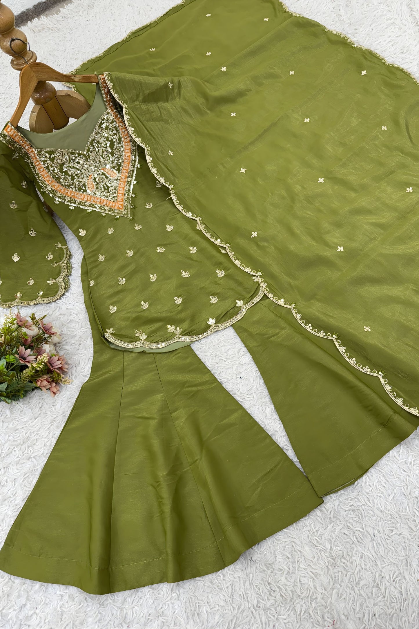 Elegant Olive Green Heavy Simar Silk Heavy Embroidered Straight Palazzo Suit Dupatta