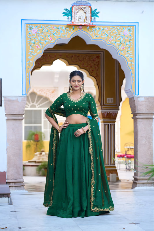 Beautiful Rama Green Silk Embroidered Lehenga Choli with Designer Dupatta for Wedding