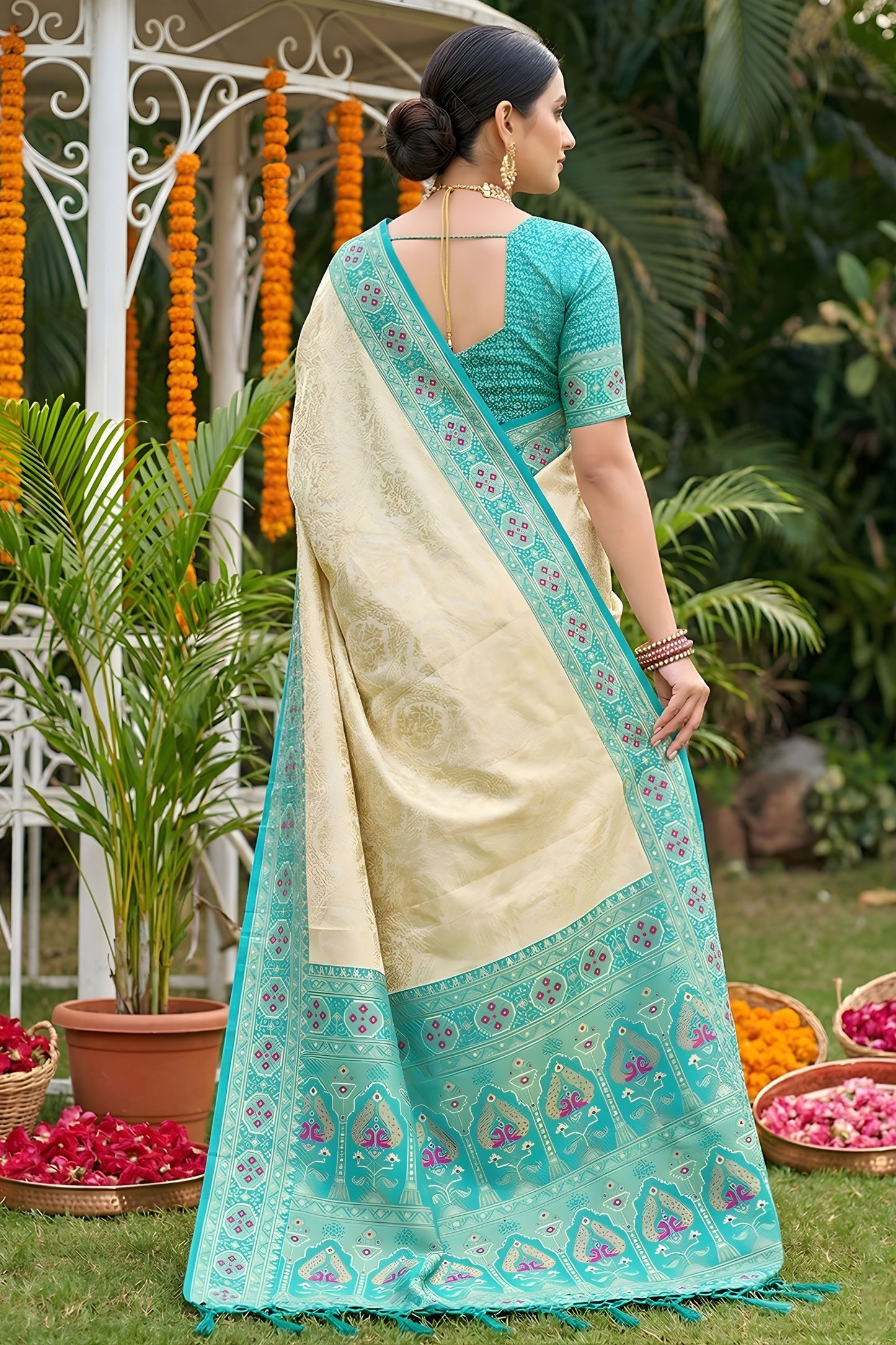 Royal Cream Beige Soft Silk Saree Aqua Blue Woven Border and Designer Pallu
