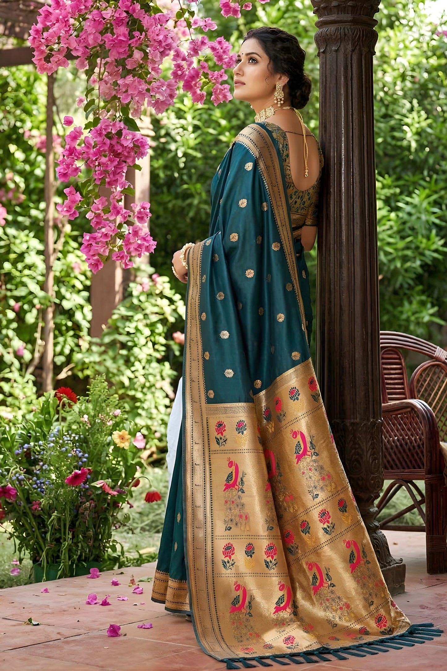 Premium Dark Teal Silk Saree Gold Zari Border, Peacock Motif Designer Pallu