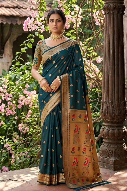 Premium Dark Teal Silk Saree Gold Zari Border, Peacock Motif Designer Pallu