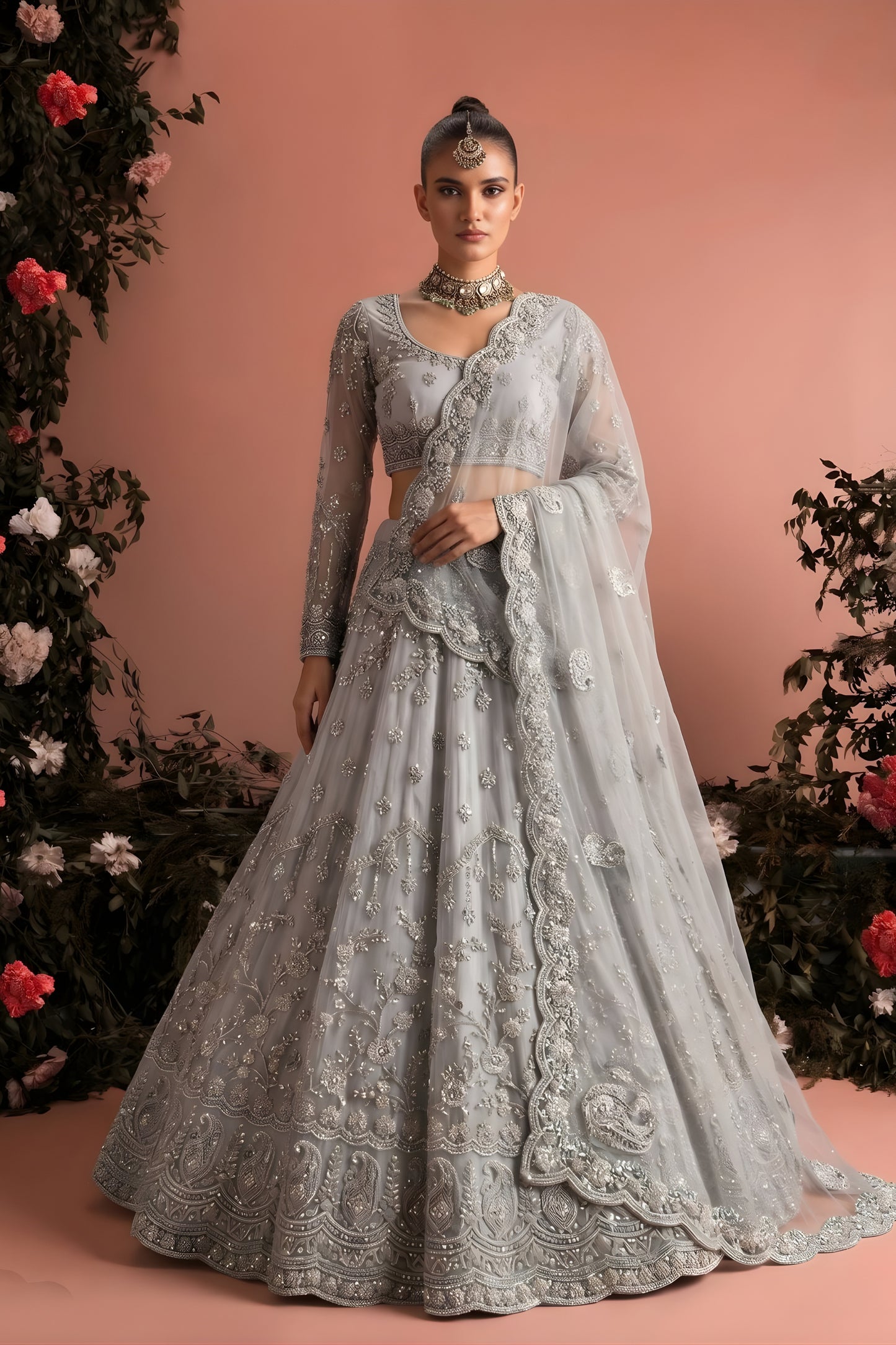 Luxury Grey Butterfly Net Heavy Embroidered Lehenga Choli with Designer Dupatta for Wedding
