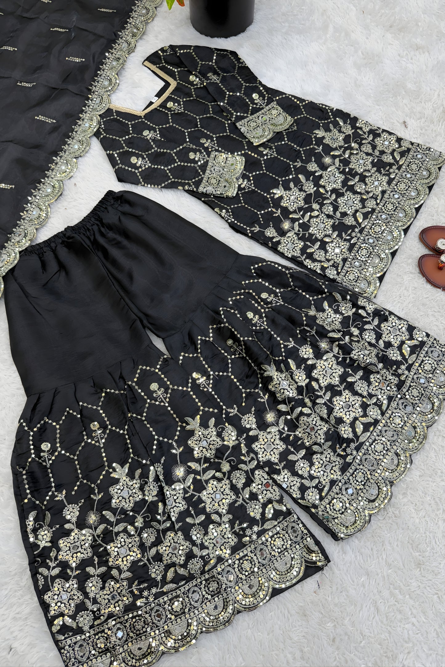 Luxury Black GMY Silk Heavy Embroidered Sharara Suit with Designer Dupatta for Wedding