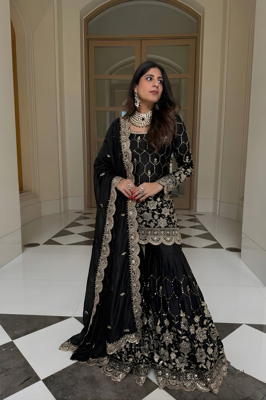 Luxury Black GMY Silk Heavy Embroidered Sharara Suit with Designer Dupatta for Wedding