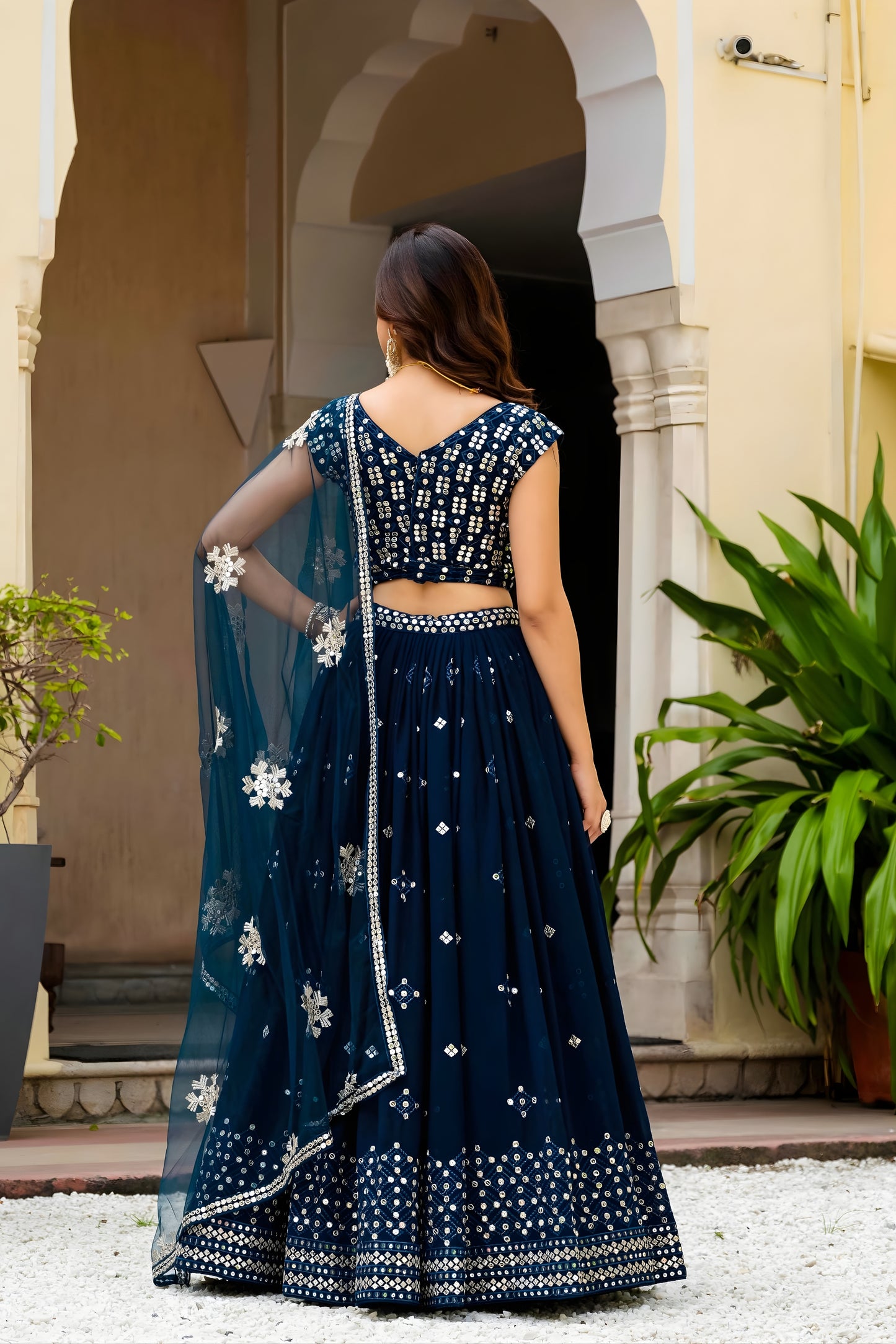 Luxury Navy Blue Faux Georgette Embroidered Lehenga Choli with Designer Dupatta for Wedding