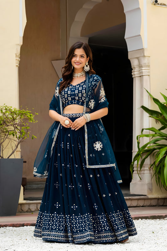 Luxury Navy Blue Faux Georgette Embroidered Lehenga Choli with Designer Dupatta for Wedding