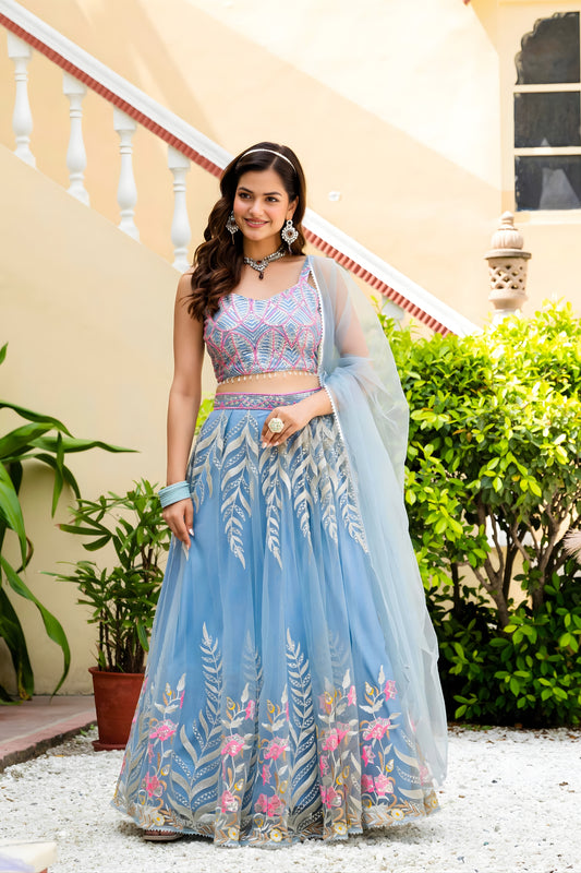 Beautiful Sky Blue Soft Net Embroidered Lehenga Choli with Designer Dupatta for Wedding