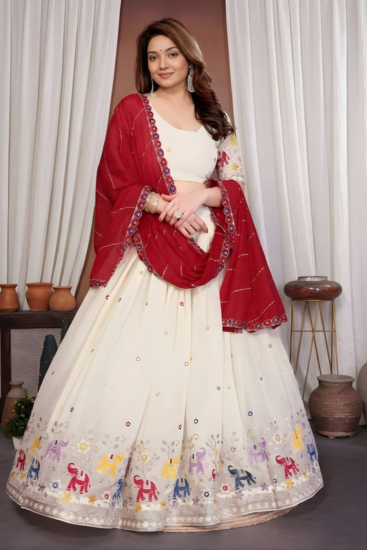 Glorious Off White Star Georgette Heavy Embroidered Lehenga Choli with Designer Red Dupatta for Wedding Wear