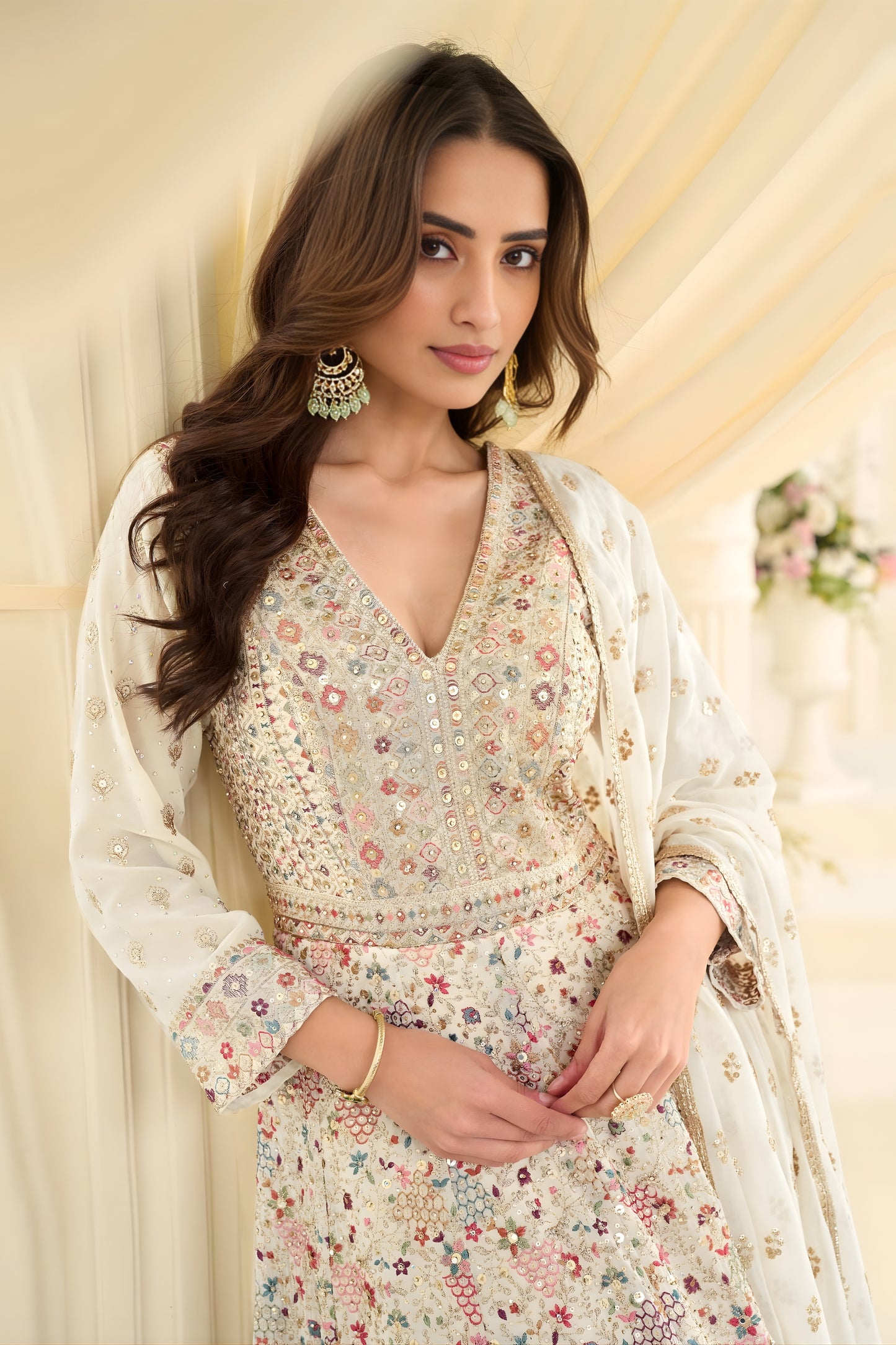Luxury Off White Georgette Embroidered Anarkali Gown with Designer Dupatta for Wedding