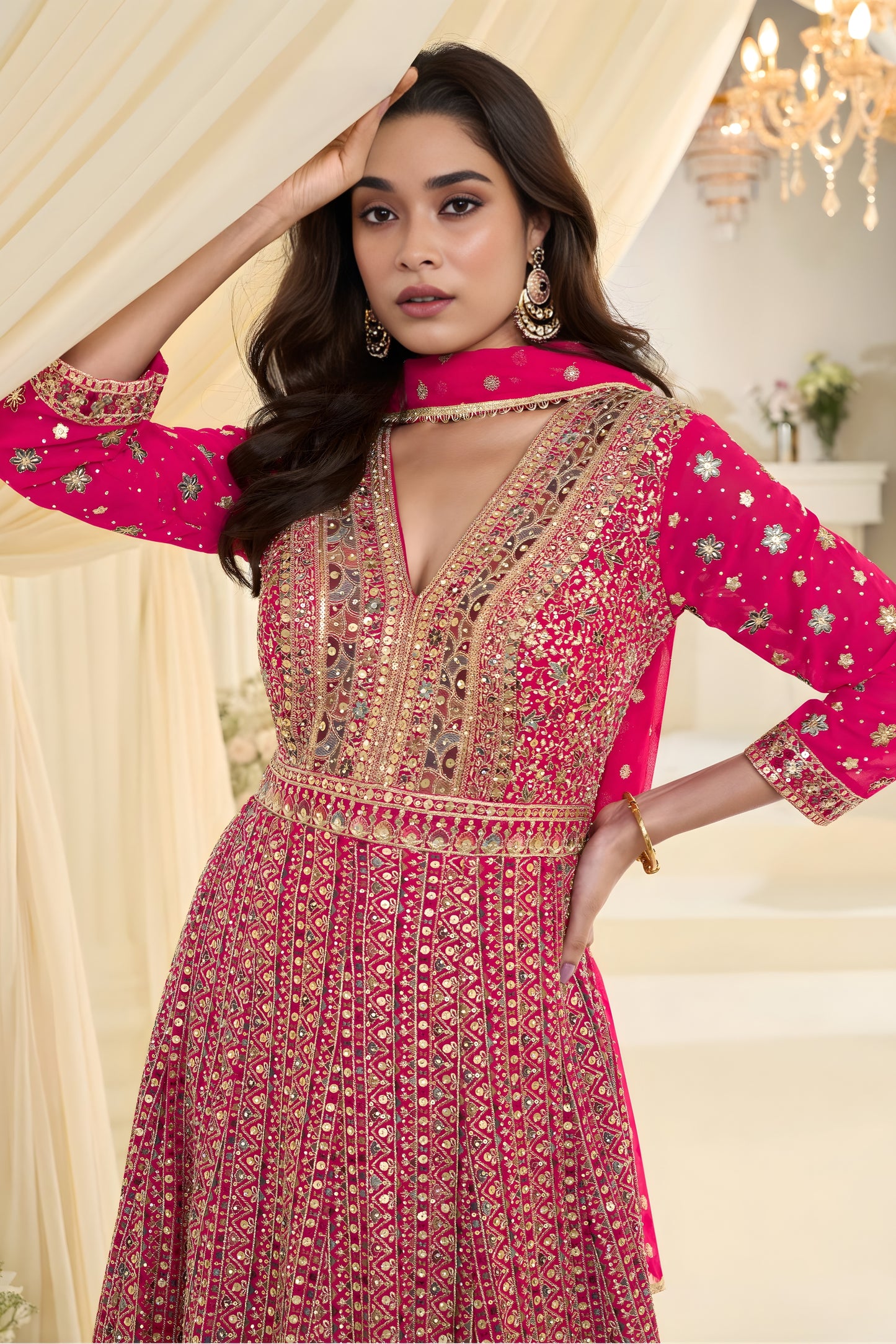 Royal Rani Pink Georgette Heavy Embroidered Anarkali Gown with Designer Dupatta for Wedding