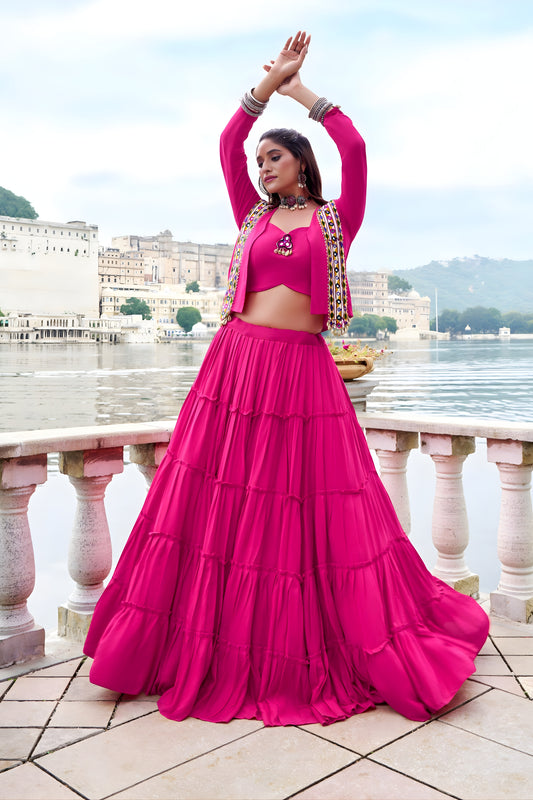 Stylish Rani Pink Rayon Lehenga Choli with Mirror Work Jacket for Navratri