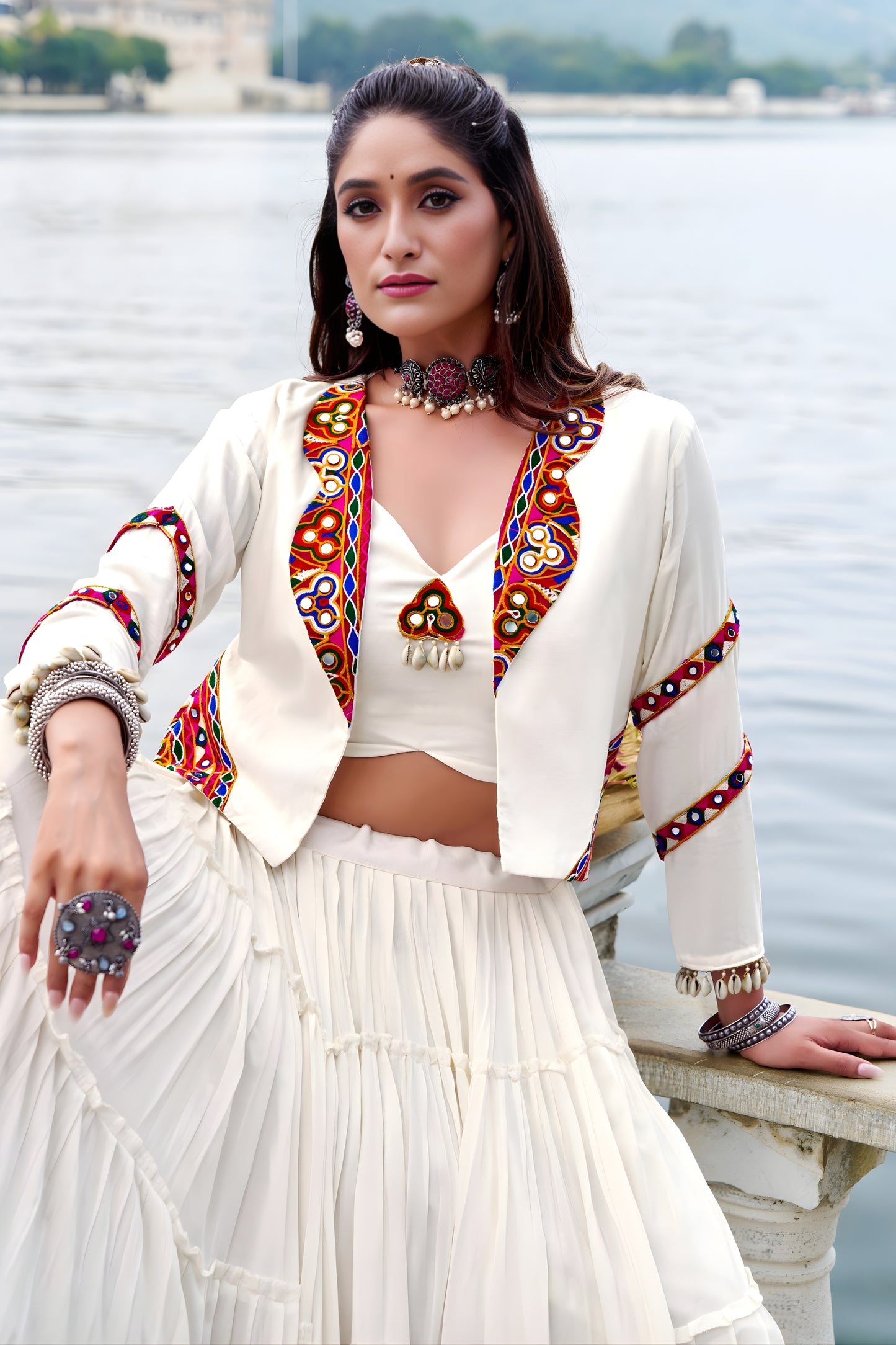Traditional White Rayon Lehenga Choli with Mirror Work Jacket for Navratri