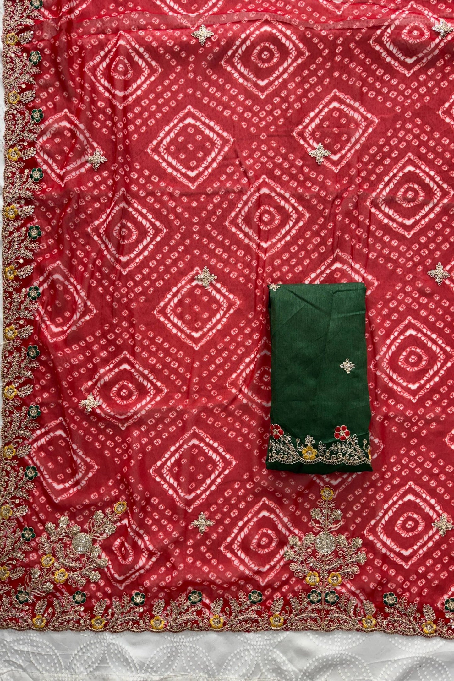 Royal Red Bandhani Georgette Saree Heavy Border Designer Green Blouse