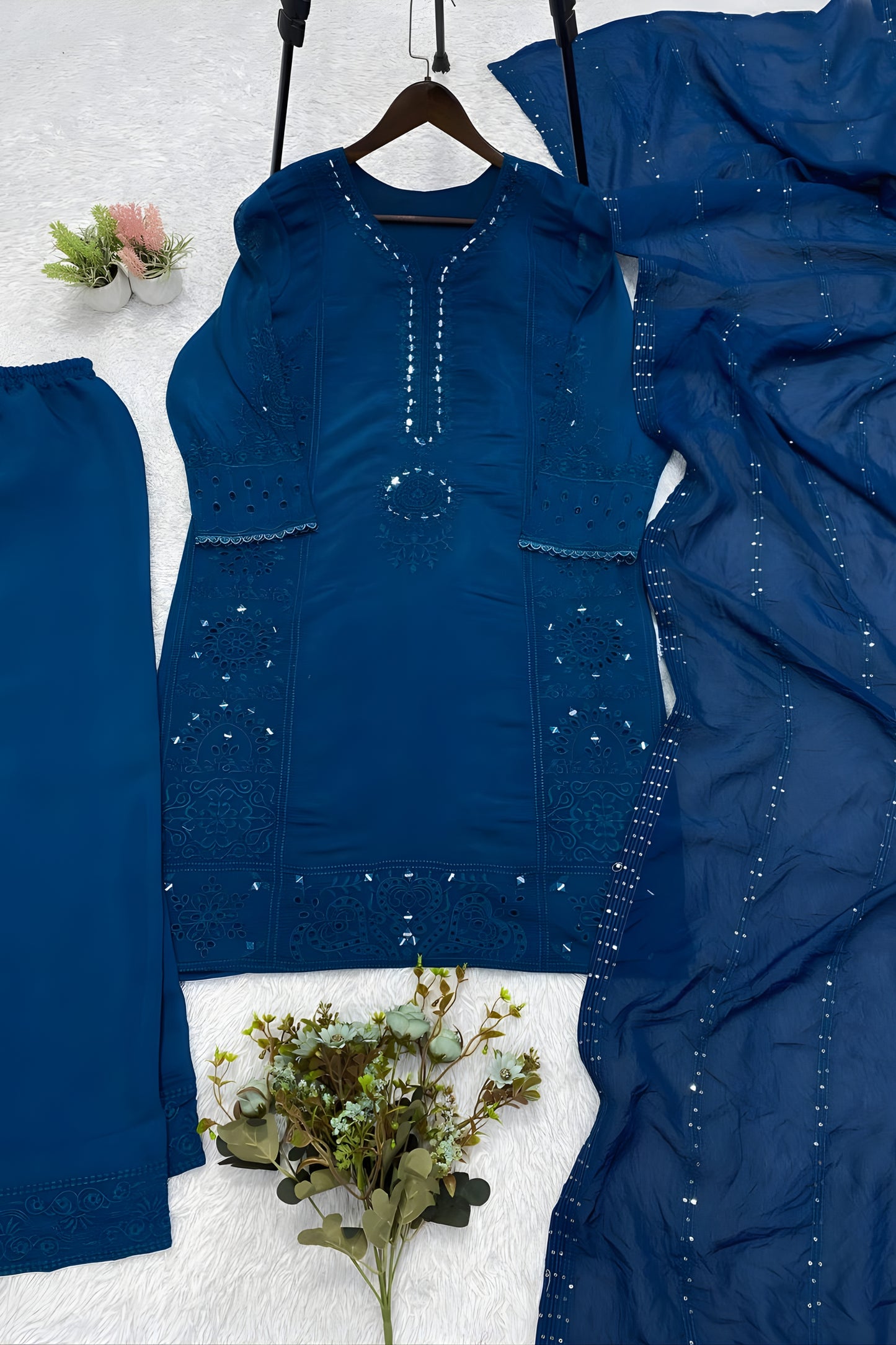 Stunning Teal Blue Chanderi Embroidered Straight Palazzo Suit with Designer Dupatta