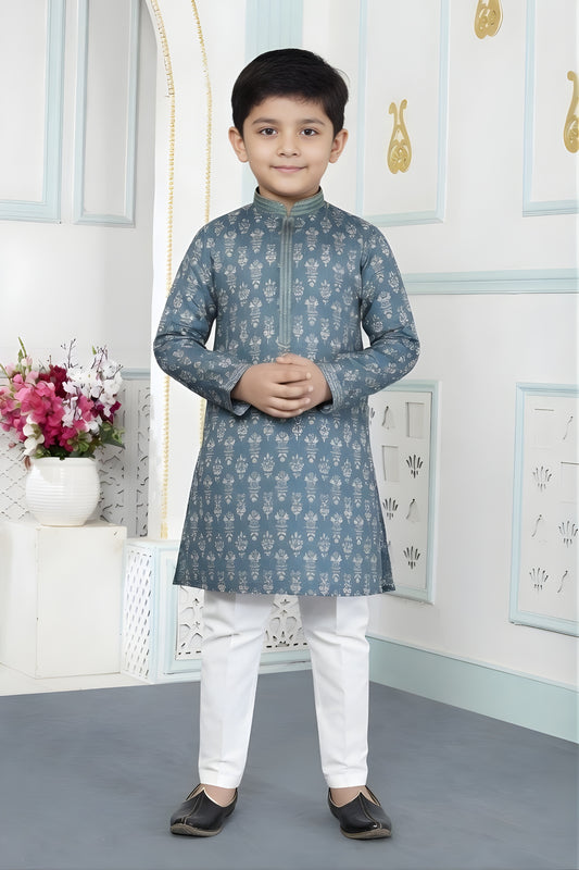 Royal Teal Blue Art Silk Embroidered Designer Boys Kurta Pyjama Set for Wedding