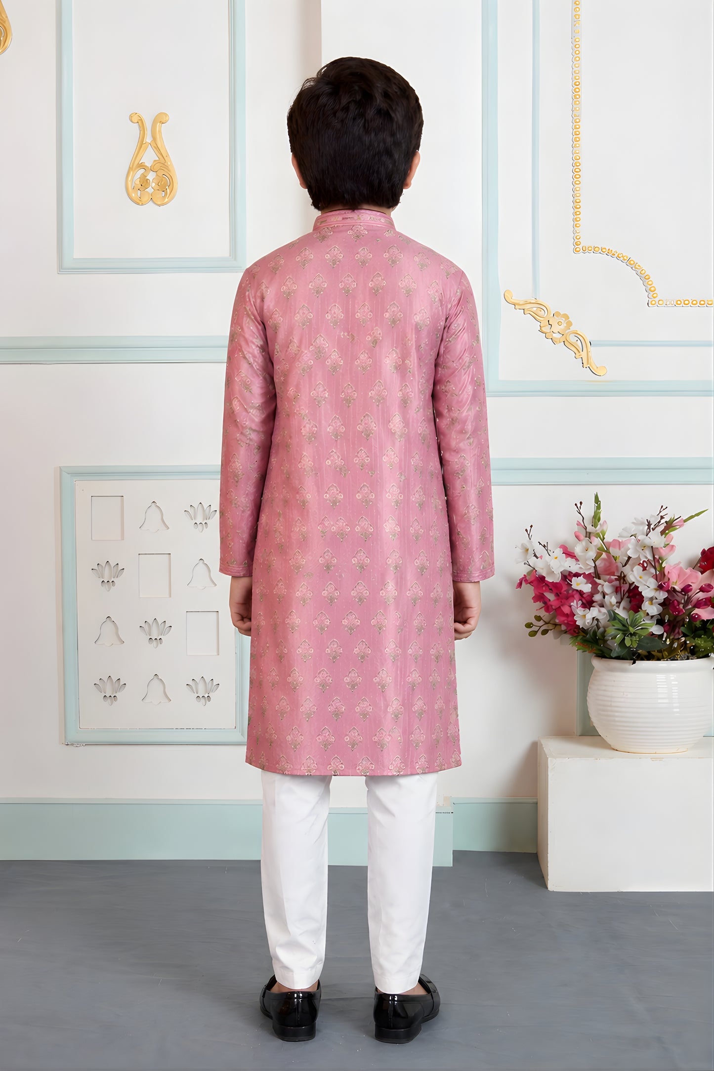 Elegant Pink Art Silk Embroidered Designer Boys Kurta Pyjama Set for Wedding