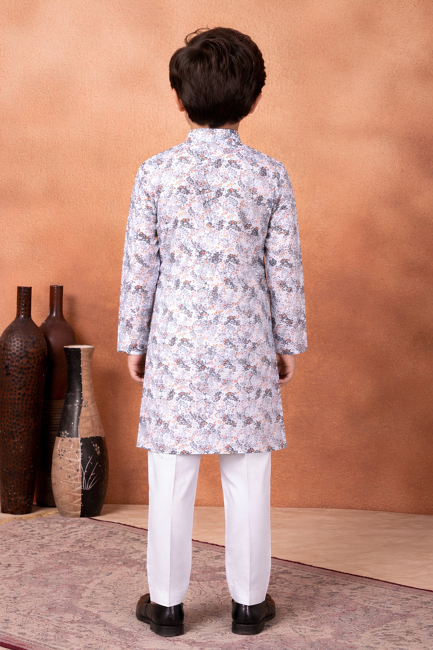 Adorable White Art Silk Digital Print Designer Boys Kurta Pyjama Set for Wedding