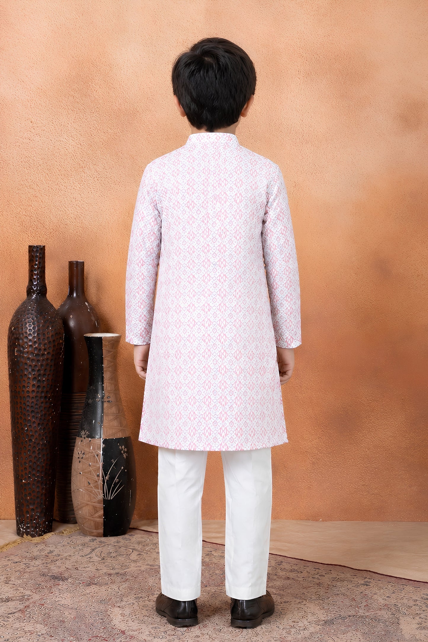 Unique Pink Art Silk Digital Print Designer Boys Kurta Pyjama Set for Wedding