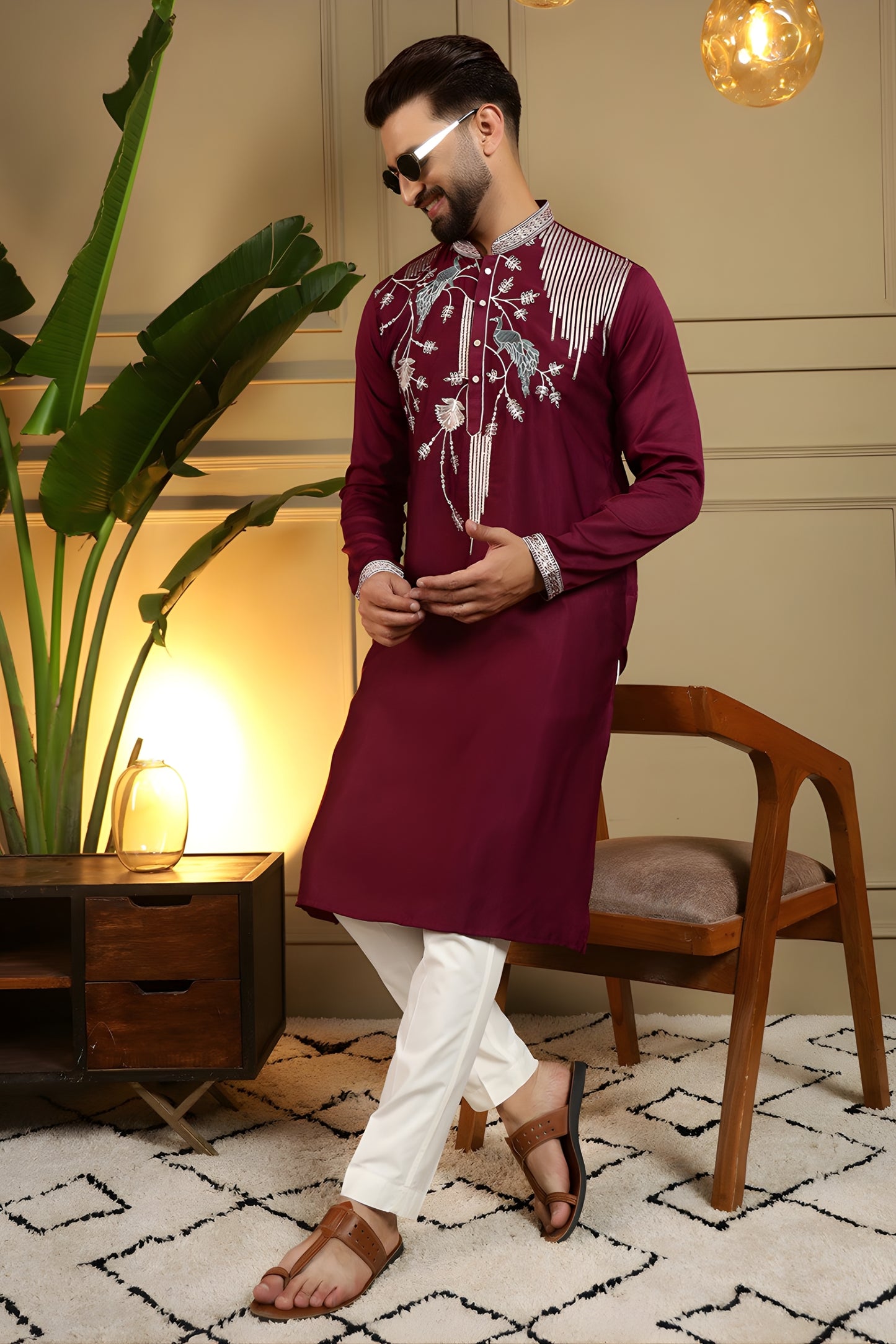 Royal Maroon Viscose Silk Embroidered Designer Kurta Pyjama for Men