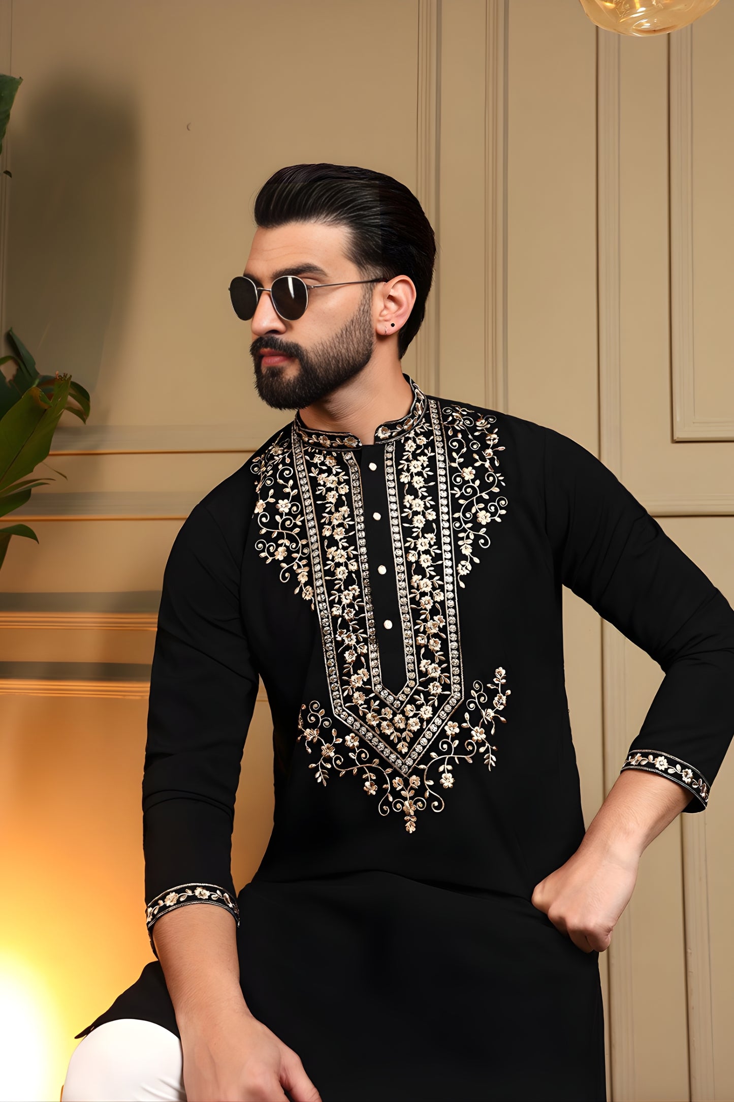 Adorable Black Armani Lachko Embroidered Designer Kurta Pyjama for Men