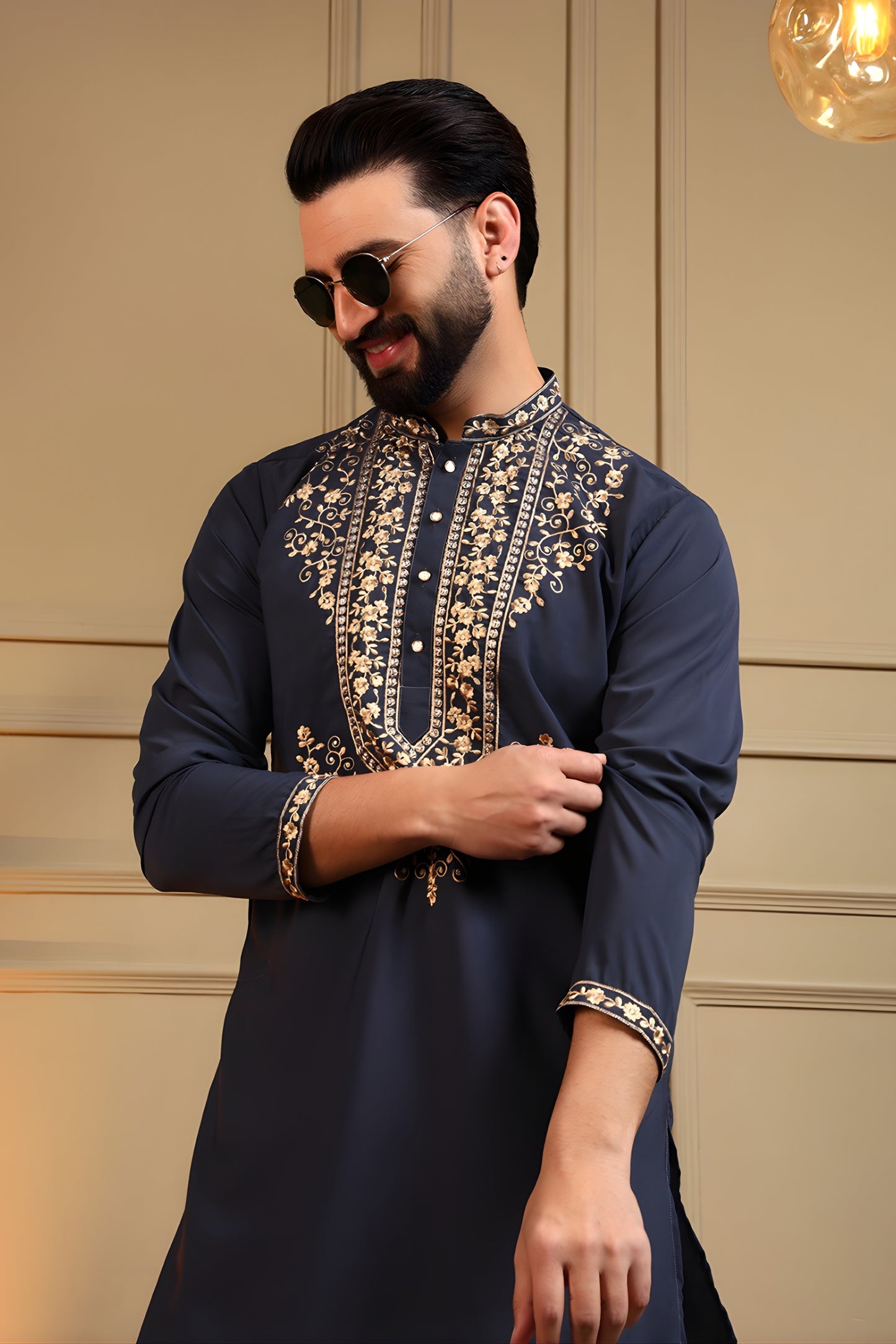 Unique Navy Blue Armani Lachko Embroidered Designer Kurta Pyjama for Men
