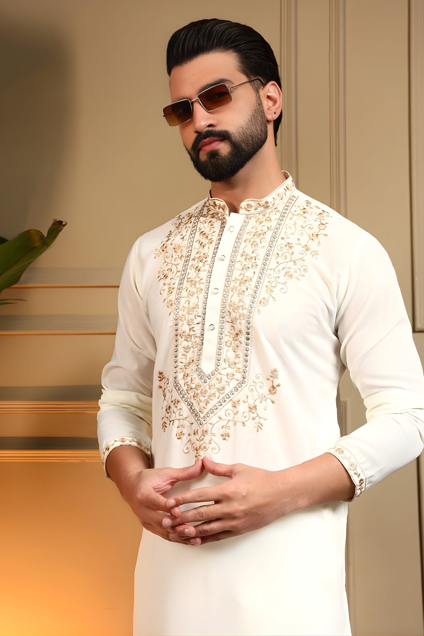 Glorious White Armani Lachko Embroidered Designer Kurta Pyjama for Men