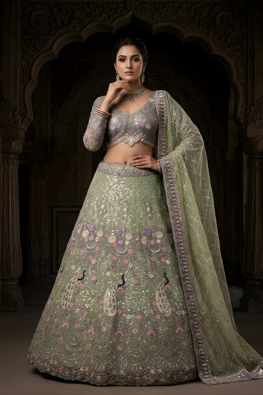 Latest Pista Green Butterfly Net Embroidered Designer Lehenga Choli with Dupatta for Wedding