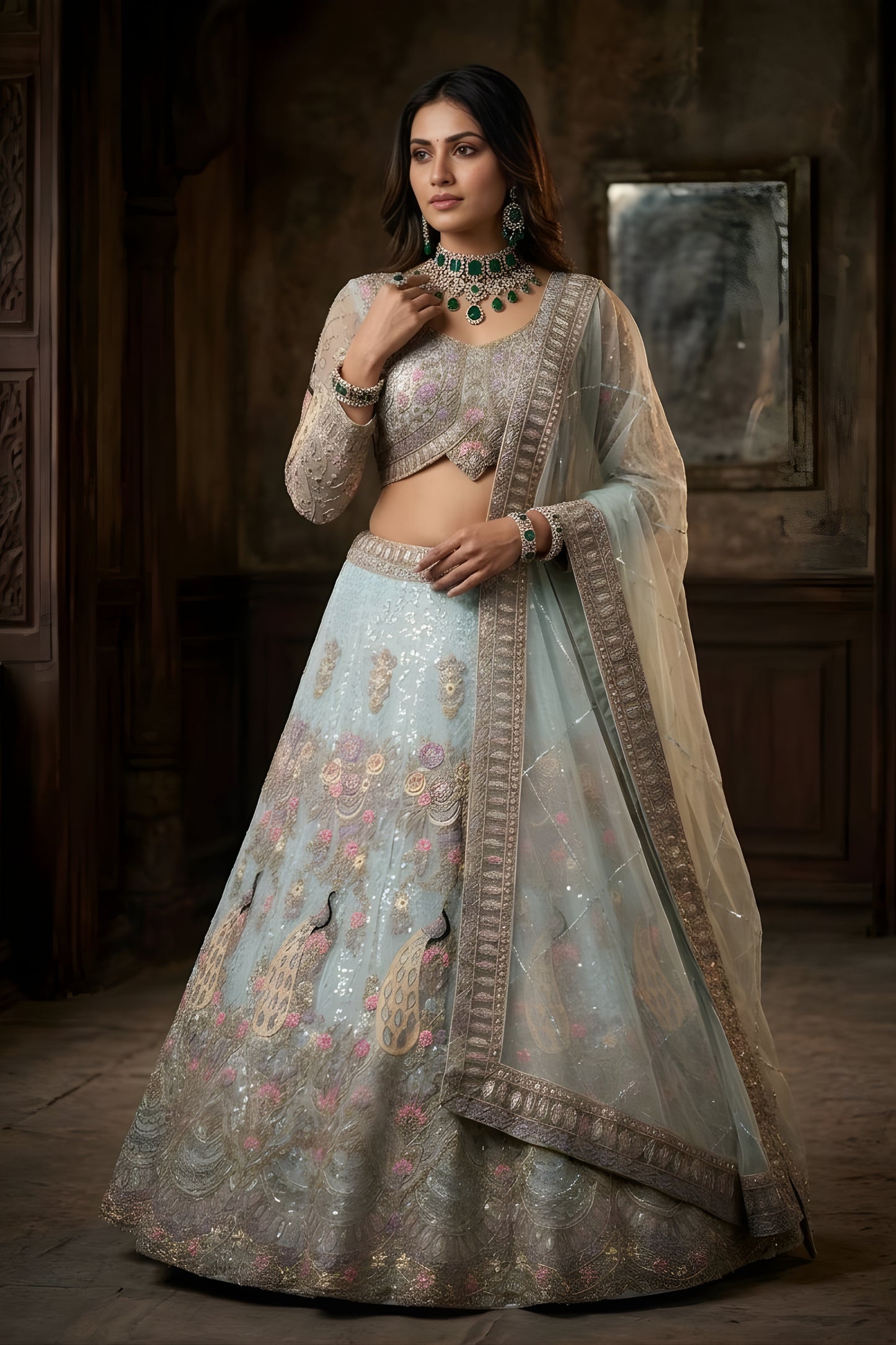 Graceful Sky Blue Butterfly Net Embroidered Designer Lehenga Choli with Dupatta for Wedding