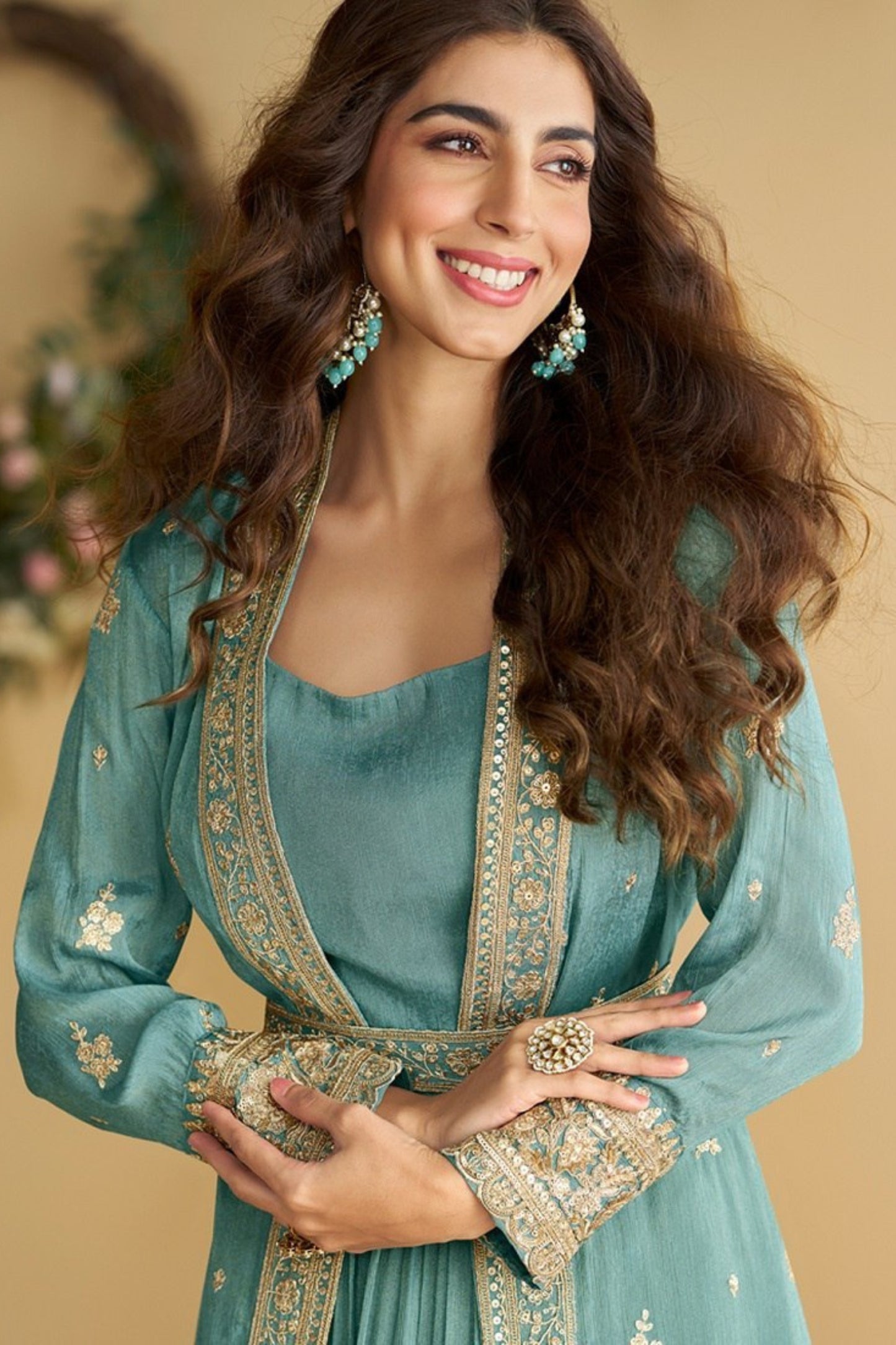 Graceful Teal Blue Chinon Silk Embroidered Designer Gown with Jacket for Wedding