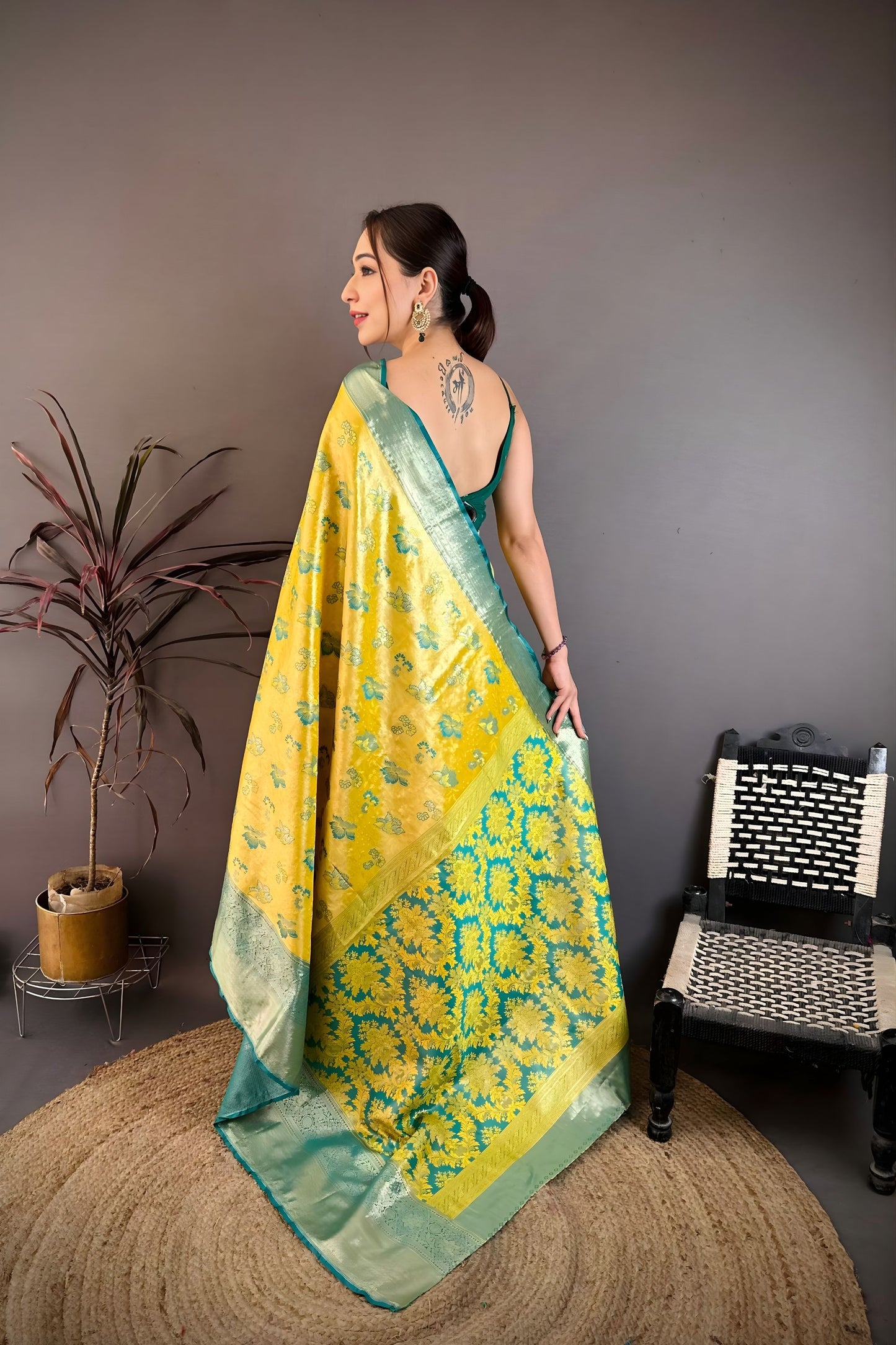 Stylish Mustard Yellow Kanjivaram Silk Weaving Zari Work Saree for Wedding