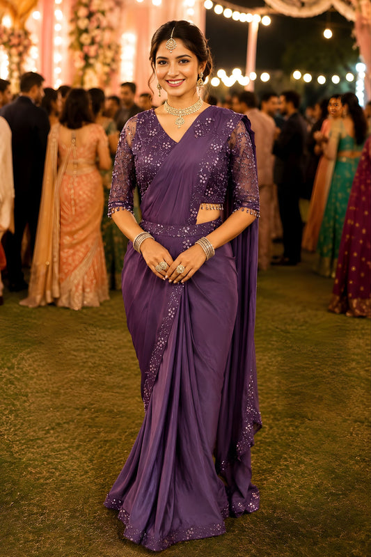 Elegant Purple Lycra Sequins Saree Readymade Blouse for Wedding