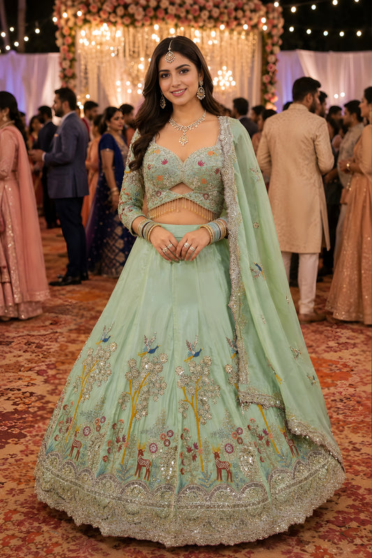 Elegant Mint Green Satin Designer Lehenga Choli with Beads Work Dupatta for Wedding