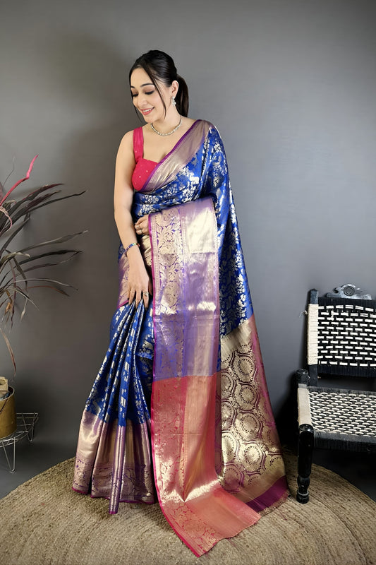 Royal Blue Kanjivaram Katan Silk Jacquard Zari Work Saree for Wedding