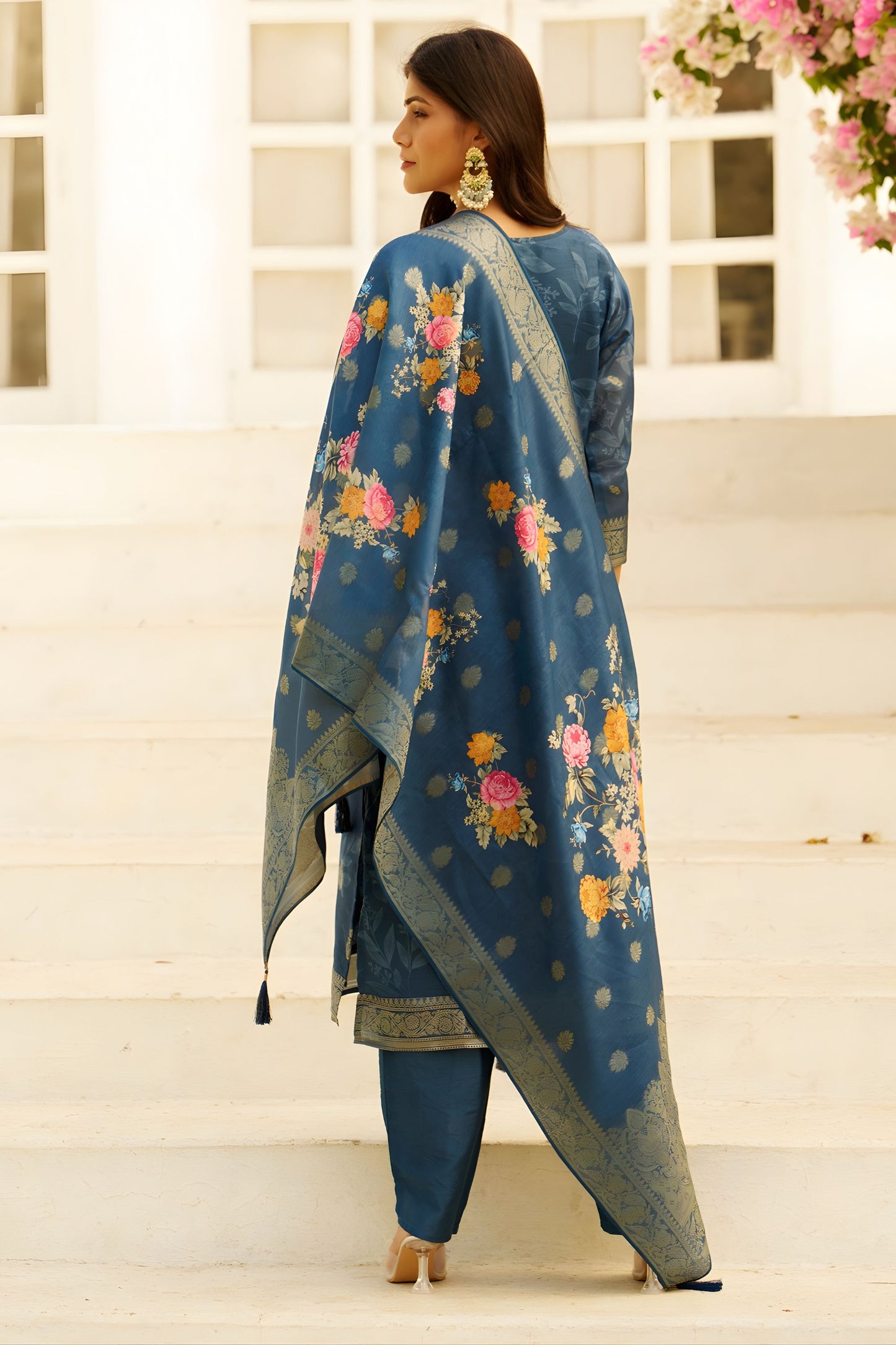 Royal Teal Blue Silk Blend Embroidery Salwar Suit Dupatta for Women