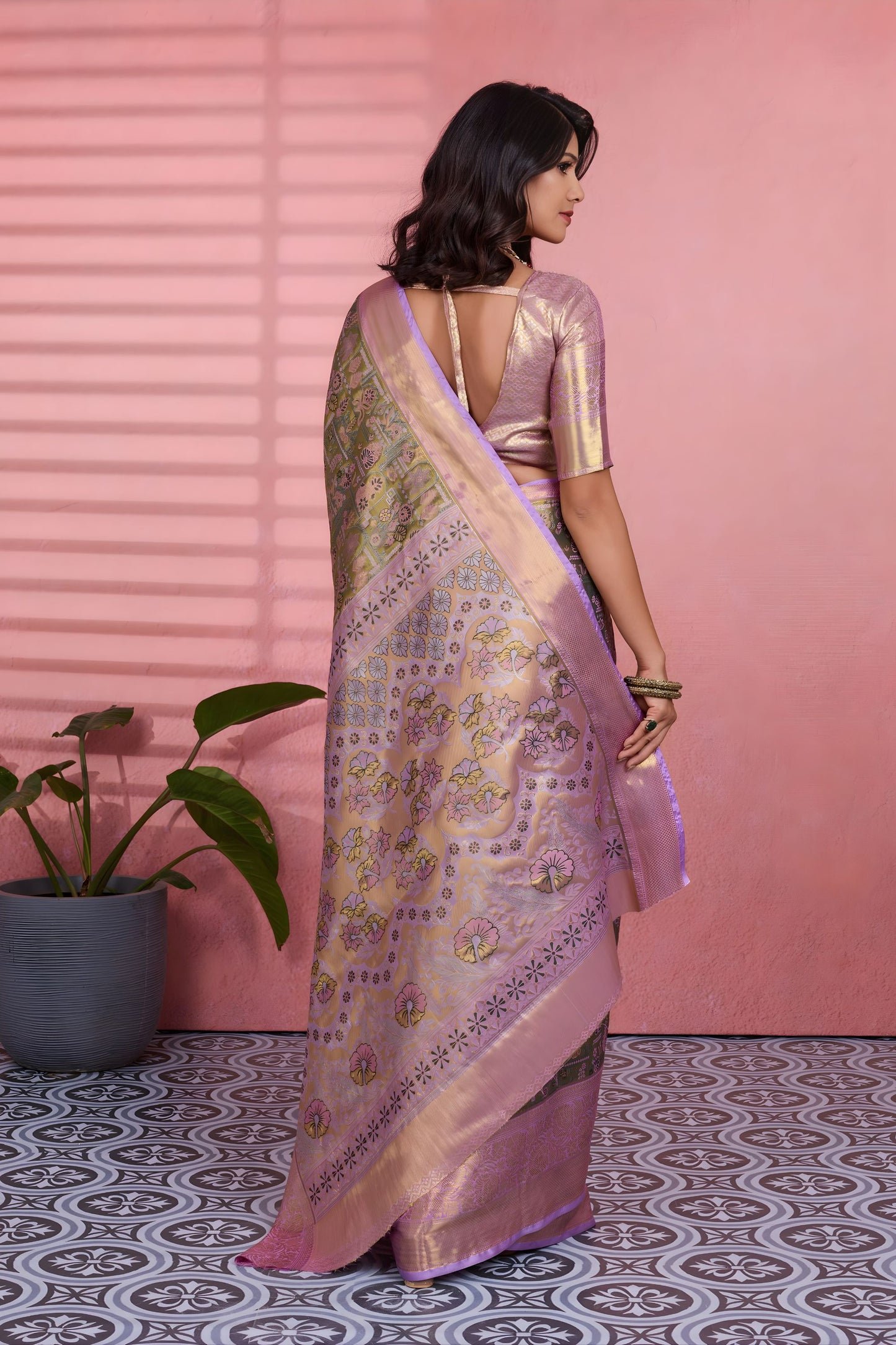 Premium Olive Green Kanchipuram Silk Saree with Weaving Work for Women