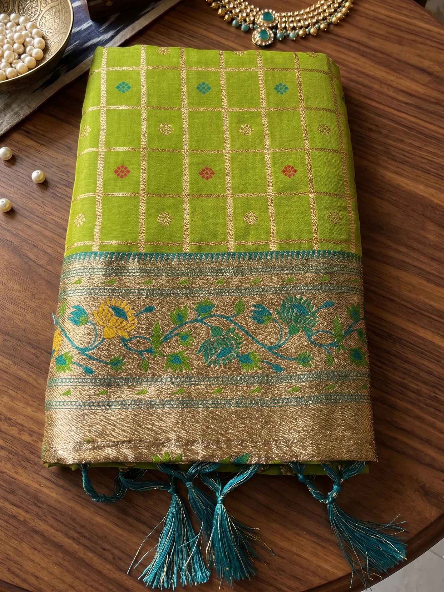 Gracefull Lime Green Banarasi Silk Saree Check Weaving Rich Border for Wedding