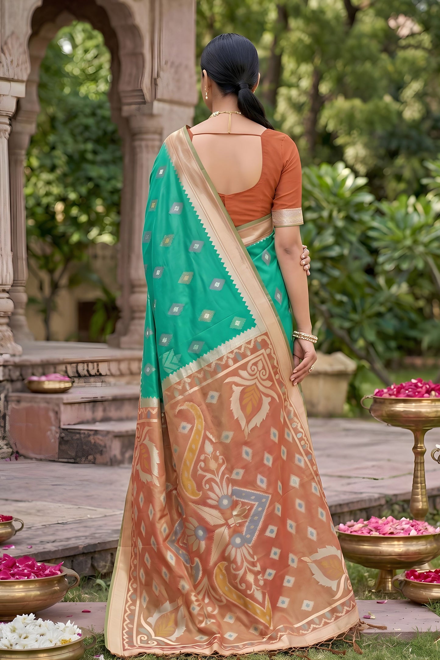 Royal Teal Green Soft Silk Saree Jacquard Work Border for Wedding