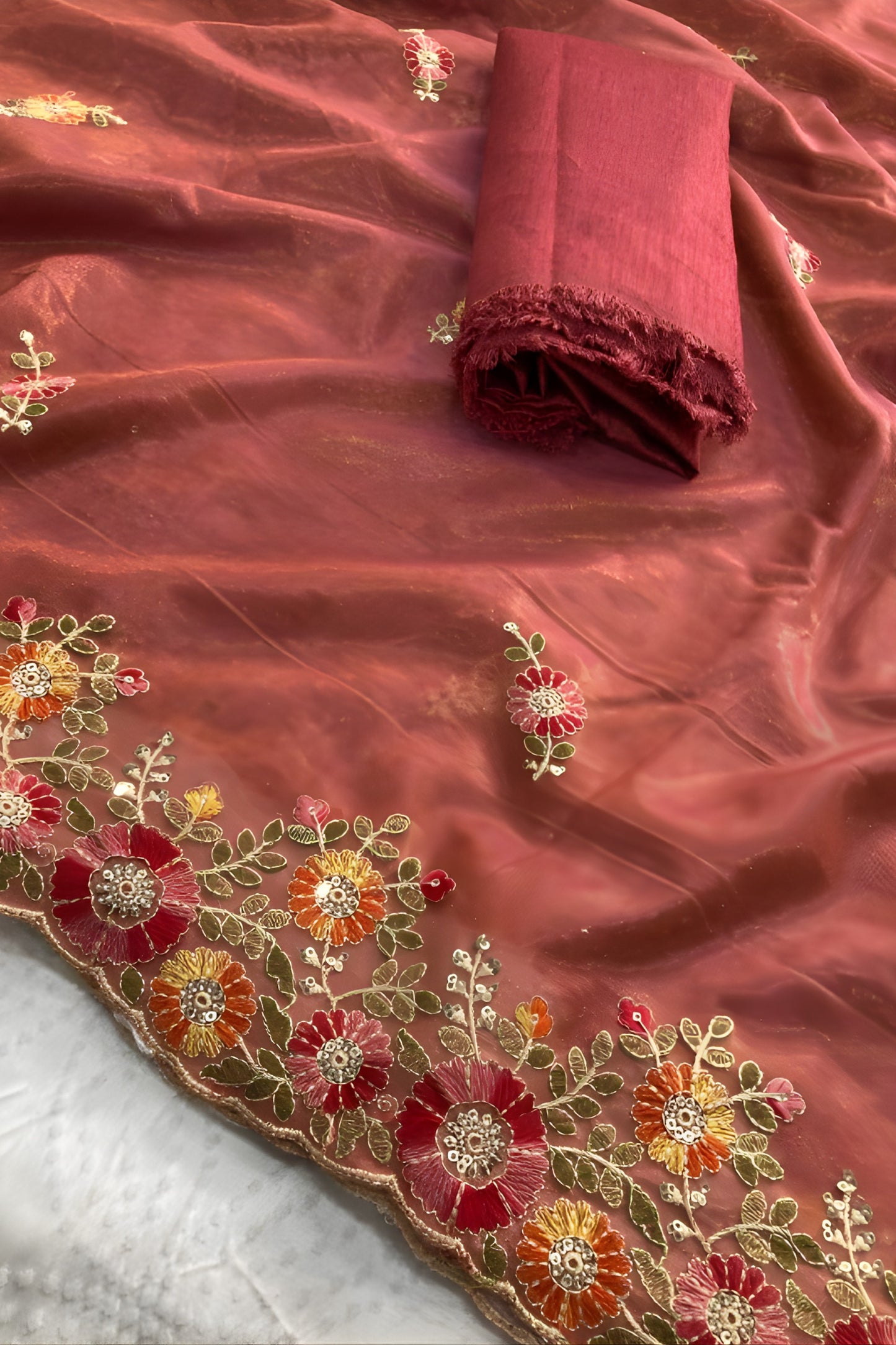 Elegant Peach Twil Net Saree with Embroidery Cutwork for Wedding