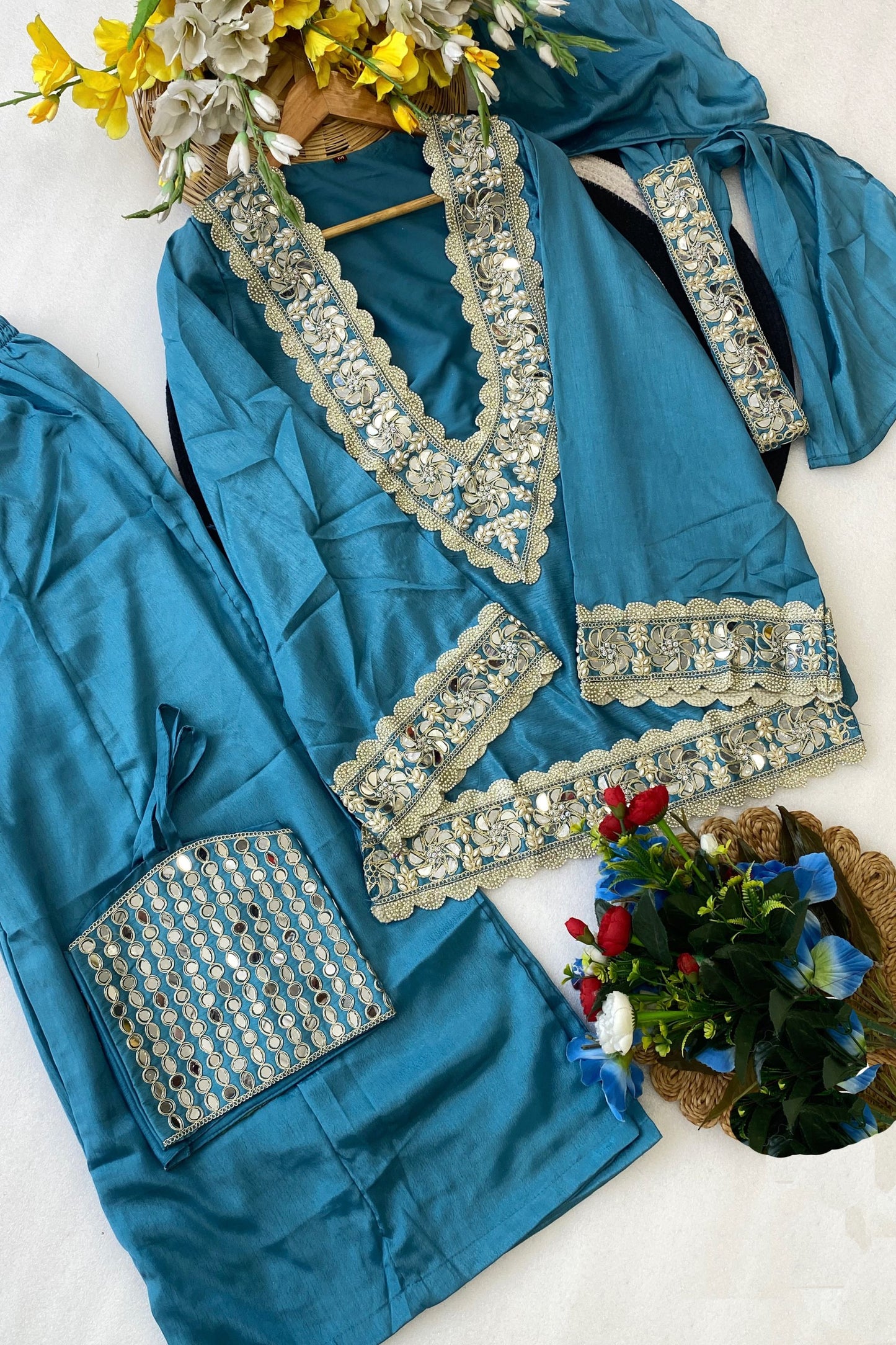 Royal Sky Blue Soft Chinon Palazzo Suit Real Moti Work for Wedding