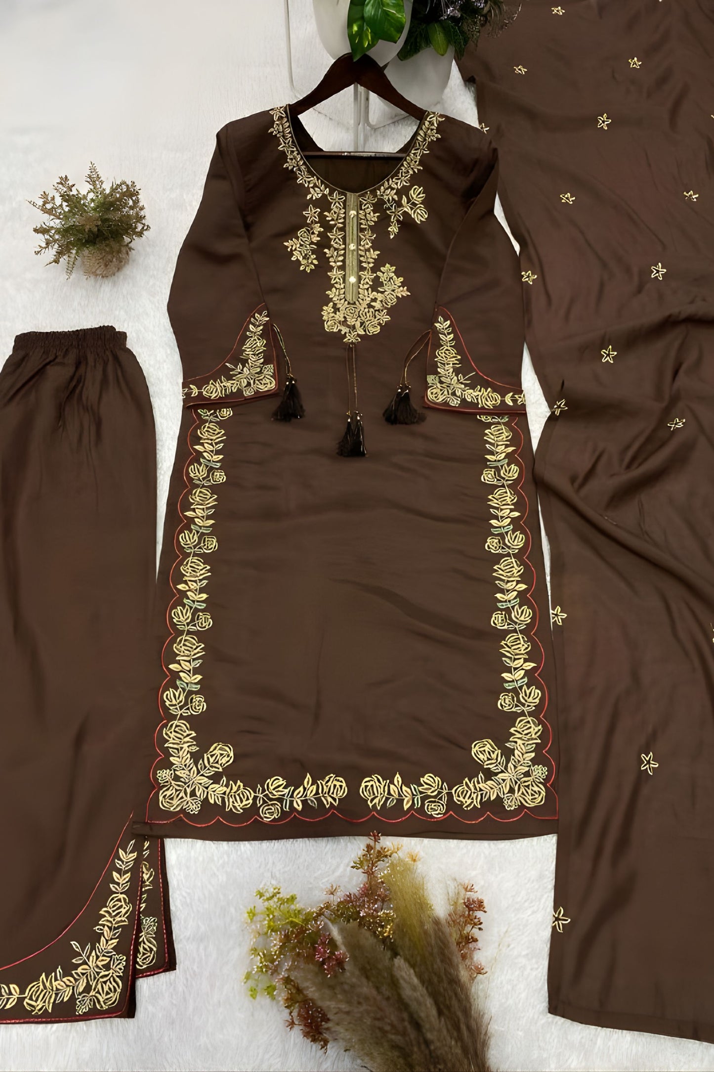 Elegant Brown Roman Silk Salwar Suit Embroidery Work for Wedding