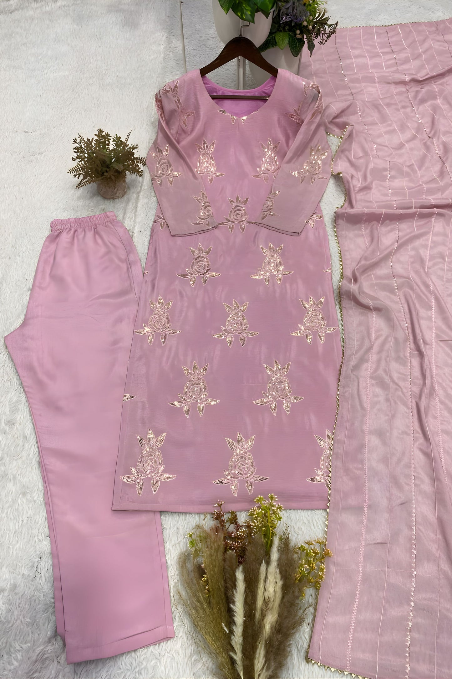 Beautiful Baby Pink Chinon Salwar Suit Sequence Embroidery Work for Wedding