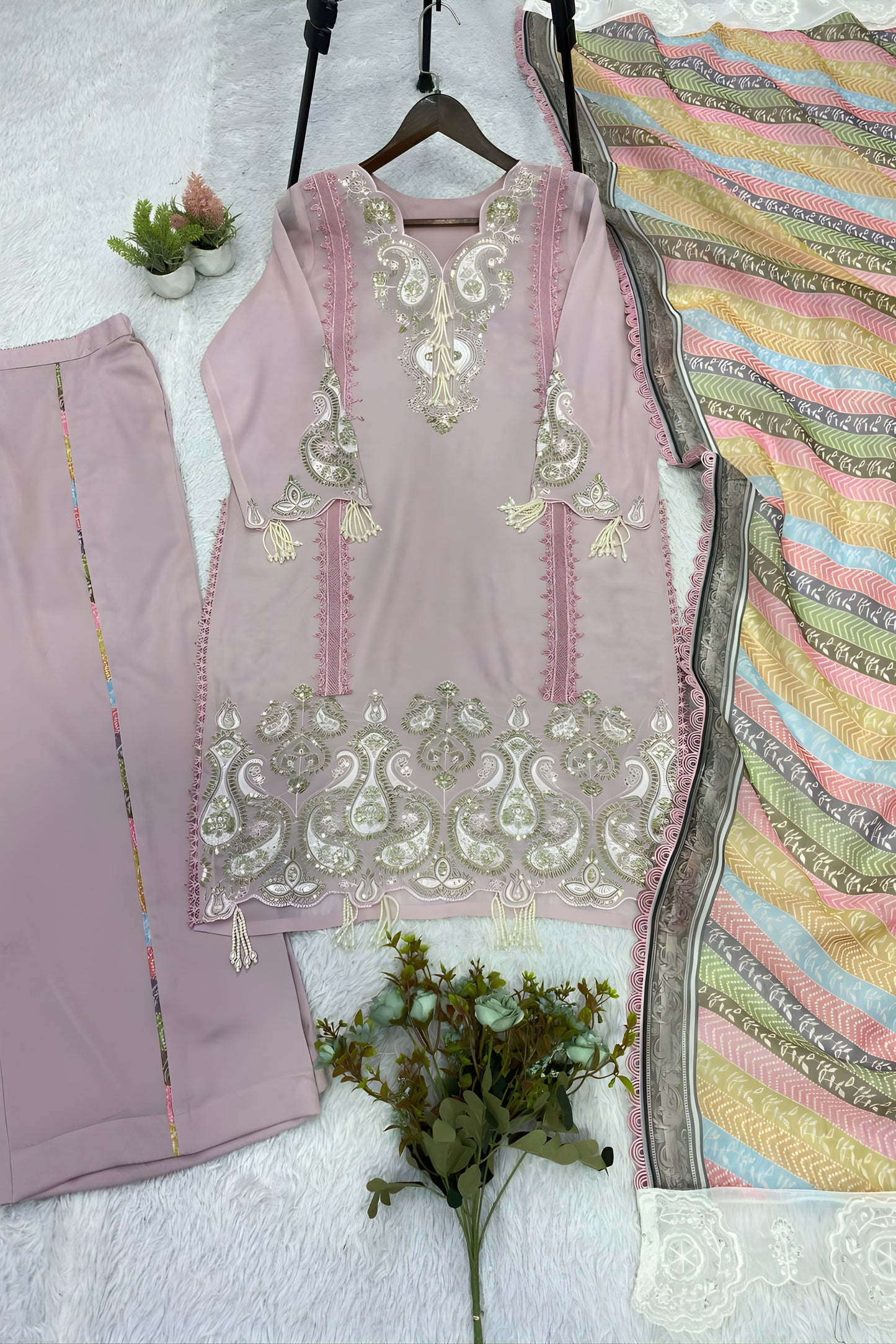 Elegant Pink Star Georgette Designer Straight Salwar Suit with Embroidery Work and Multicolor Dupatta