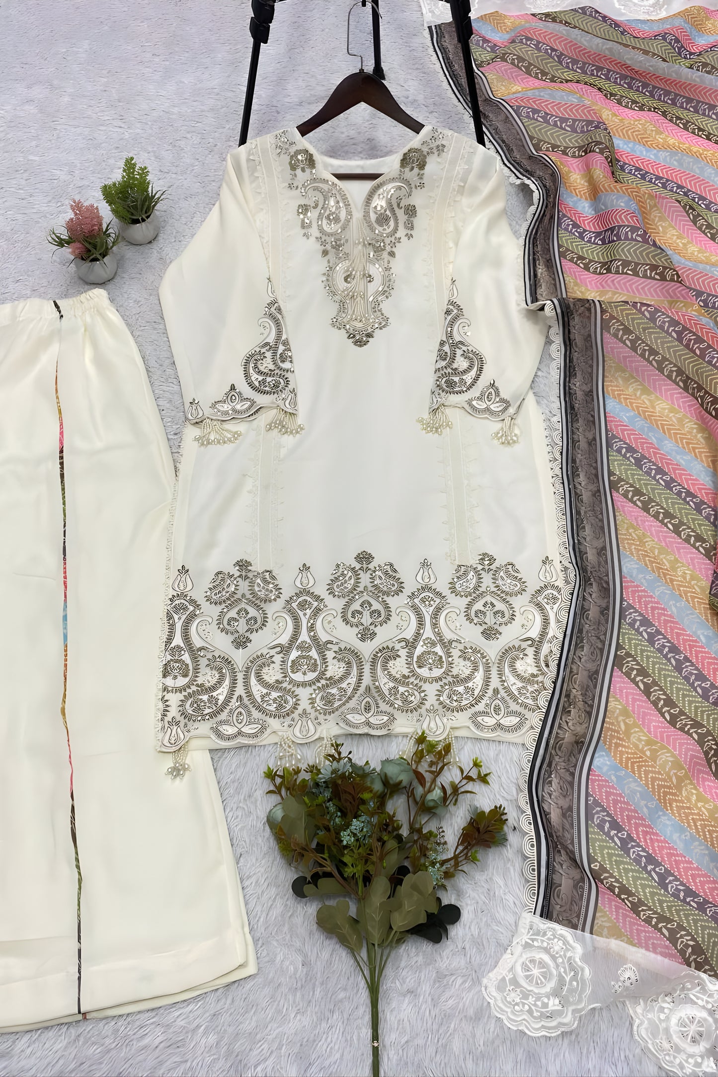 Charming Cream Star Georgette Designer Straight Salwar Suit with Embroidery Work and Multicolor Dupatta