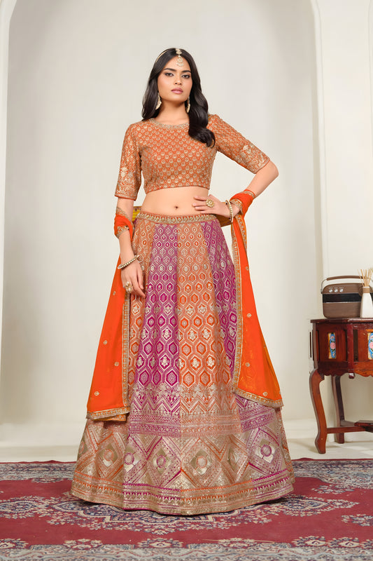 Stylish Multicolor Designer Lehenga Choli with Embroidery Work and Orange Dupatta for Wedding