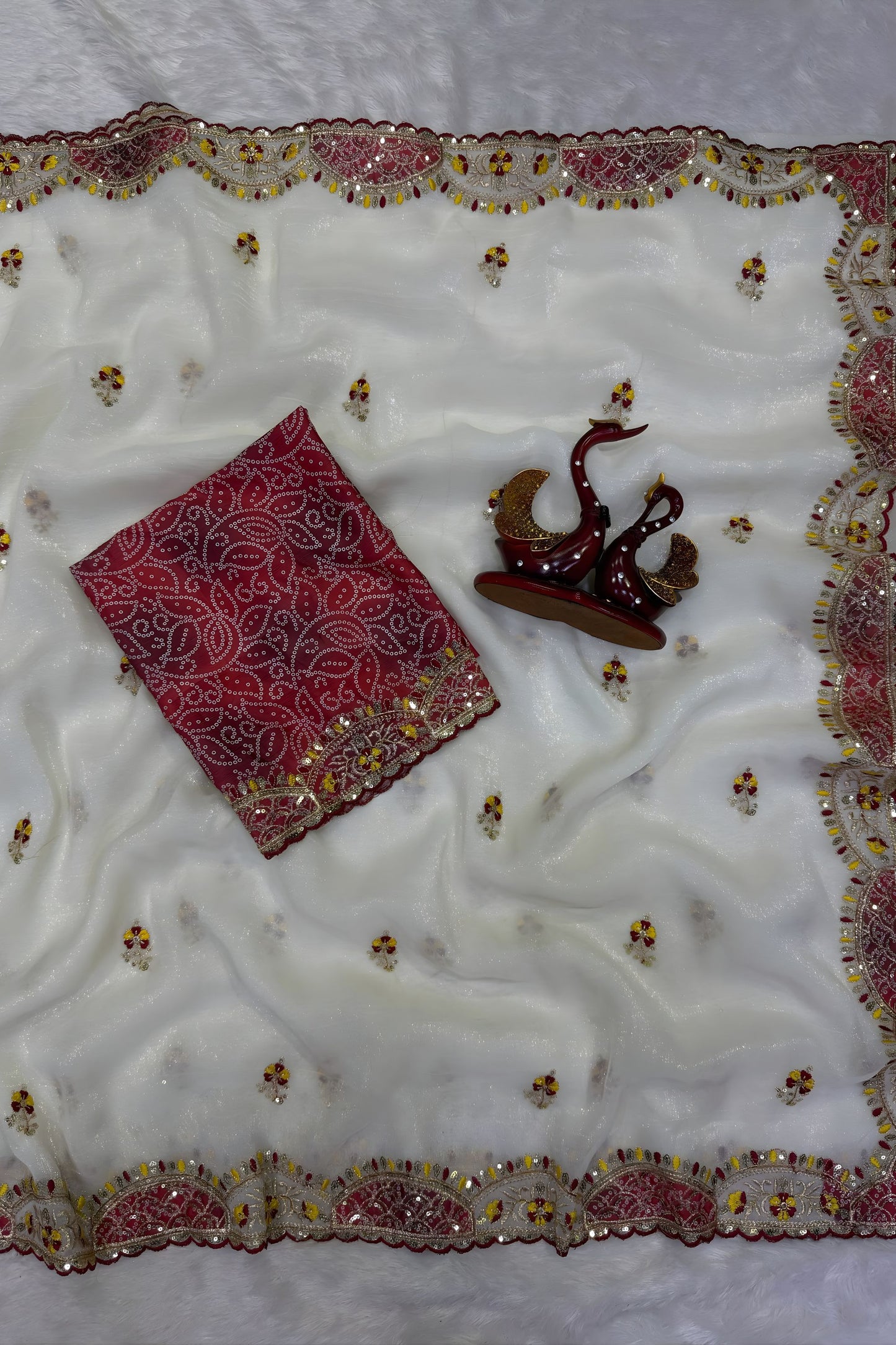 Elegant Off White Soft Crunchy Silk Saree Embroidery Work for Wedding