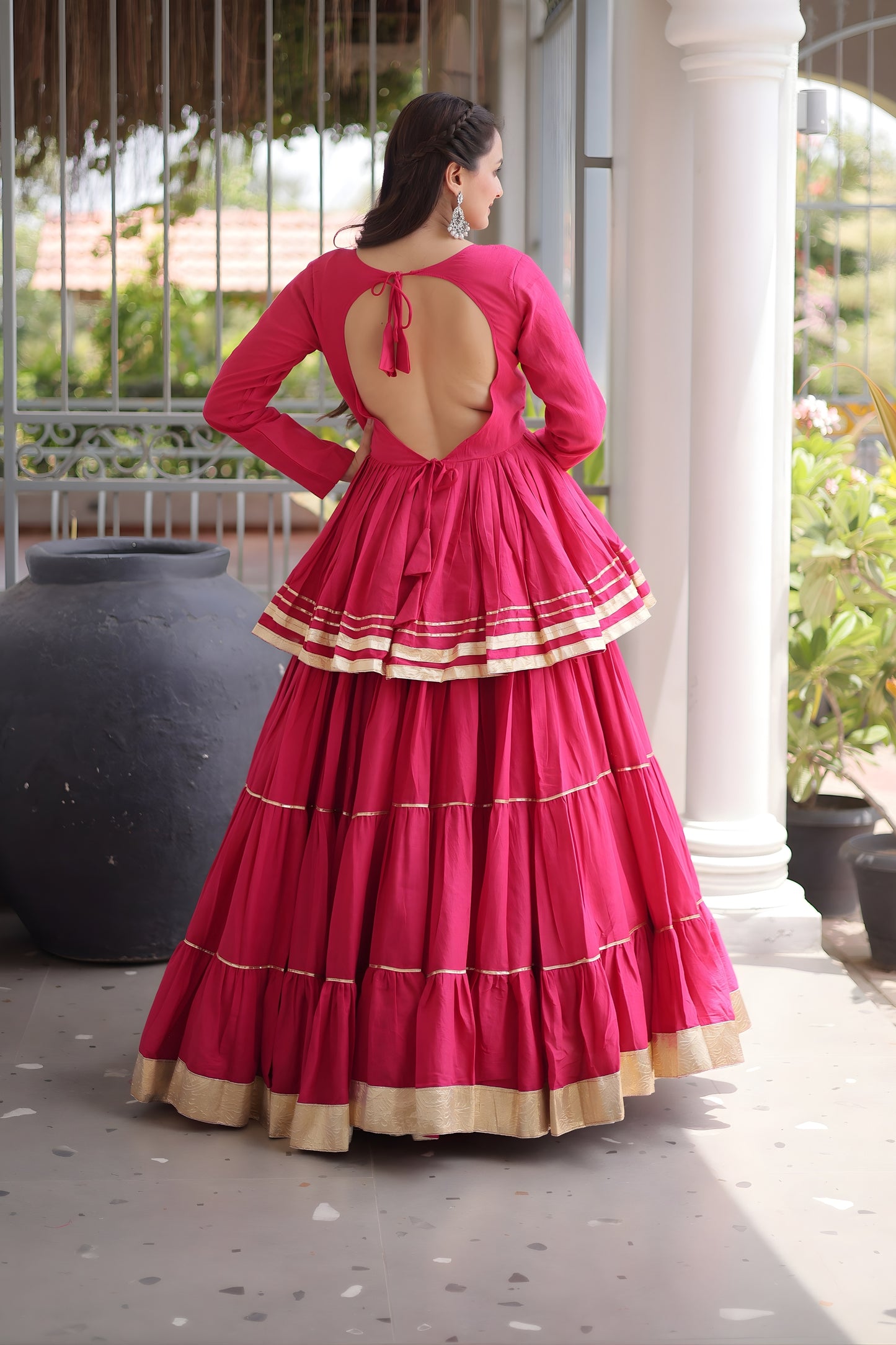 Elegant Rani Pink Cotton Designer Lehenga Choli with Layered Flared Skirt for Navratri