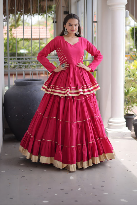 Elegant Rani Pink Cotton Designer Lehenga Choli with Layered Flared Skirt for Navratri