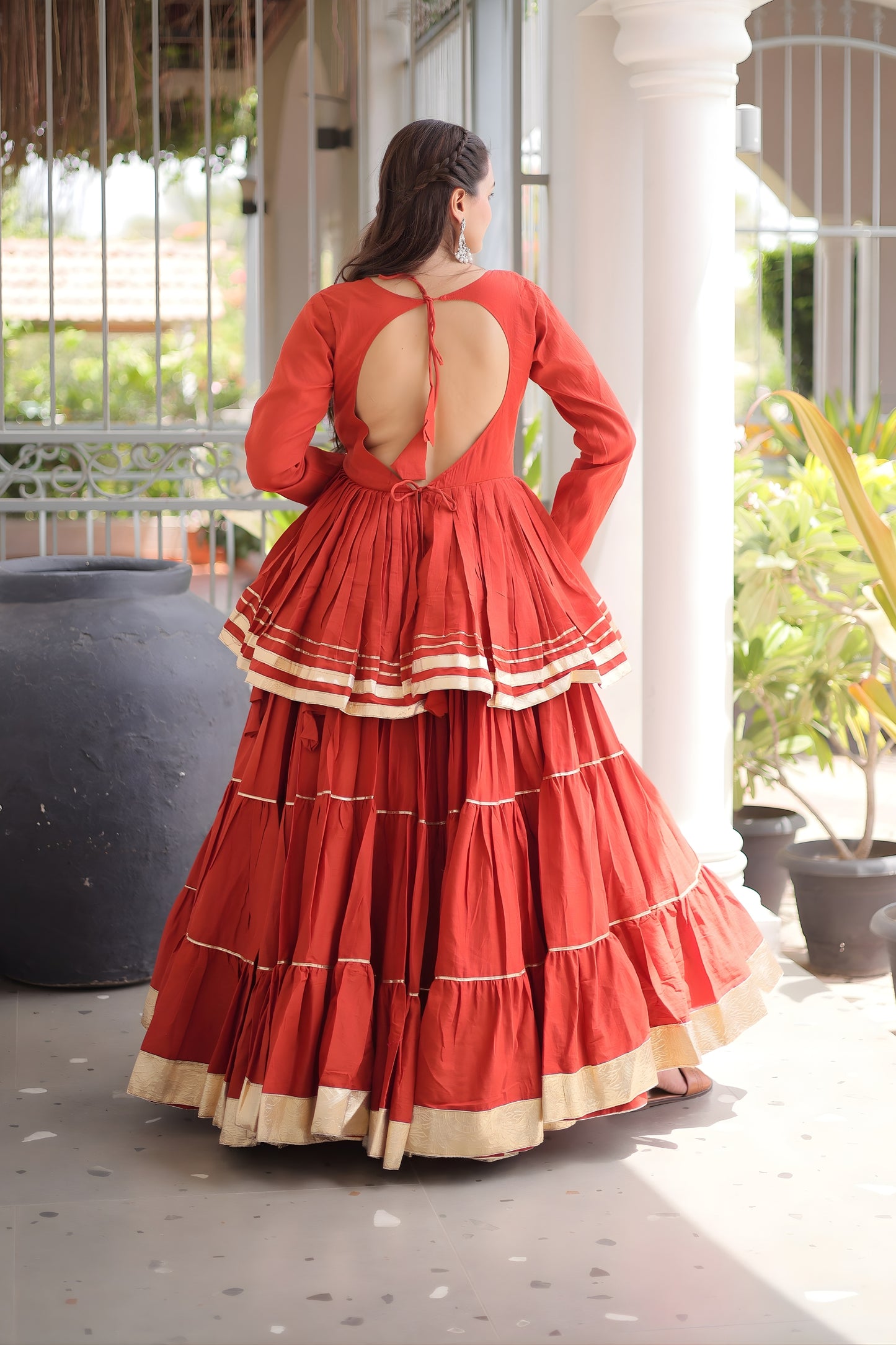 Impressive Rust Orange Cotton Designer Lehenga Choli with Layered Flared Skirt for Navratri